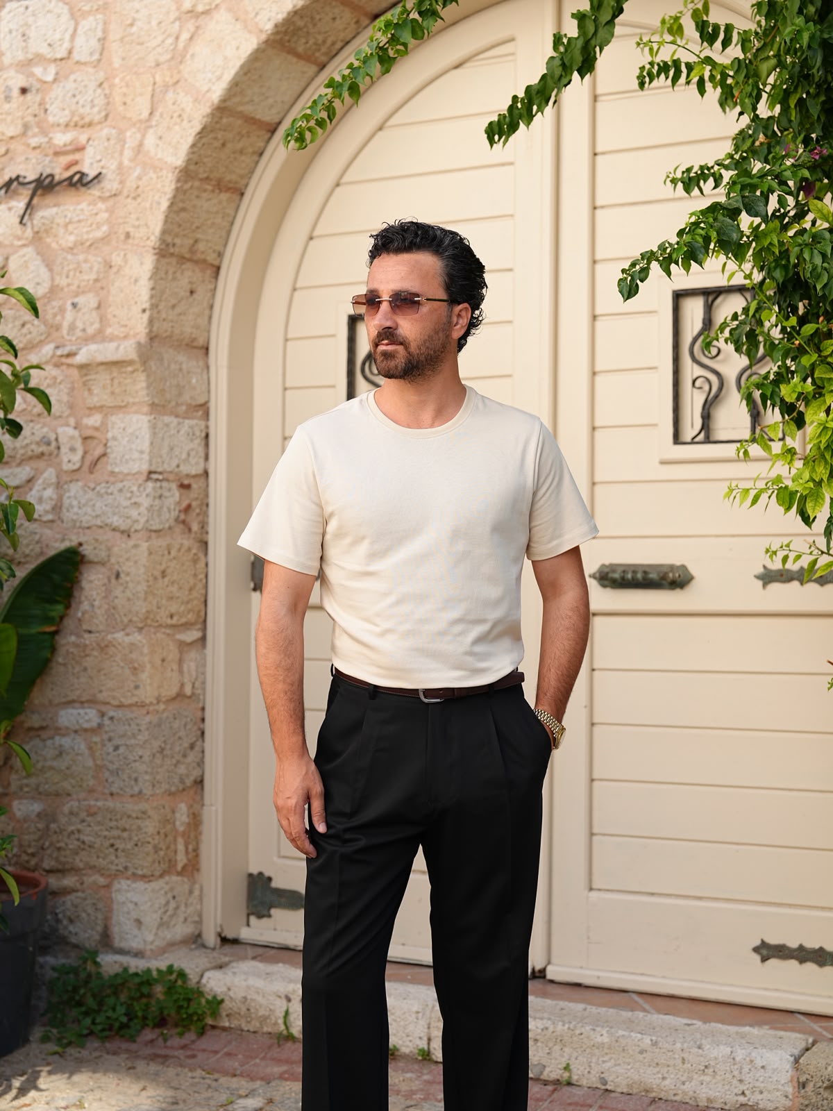 Erkek Beyaz Pamuk Slim Fit Dar Kesim Bisiklet Yaka Basic Tişört - Bej
