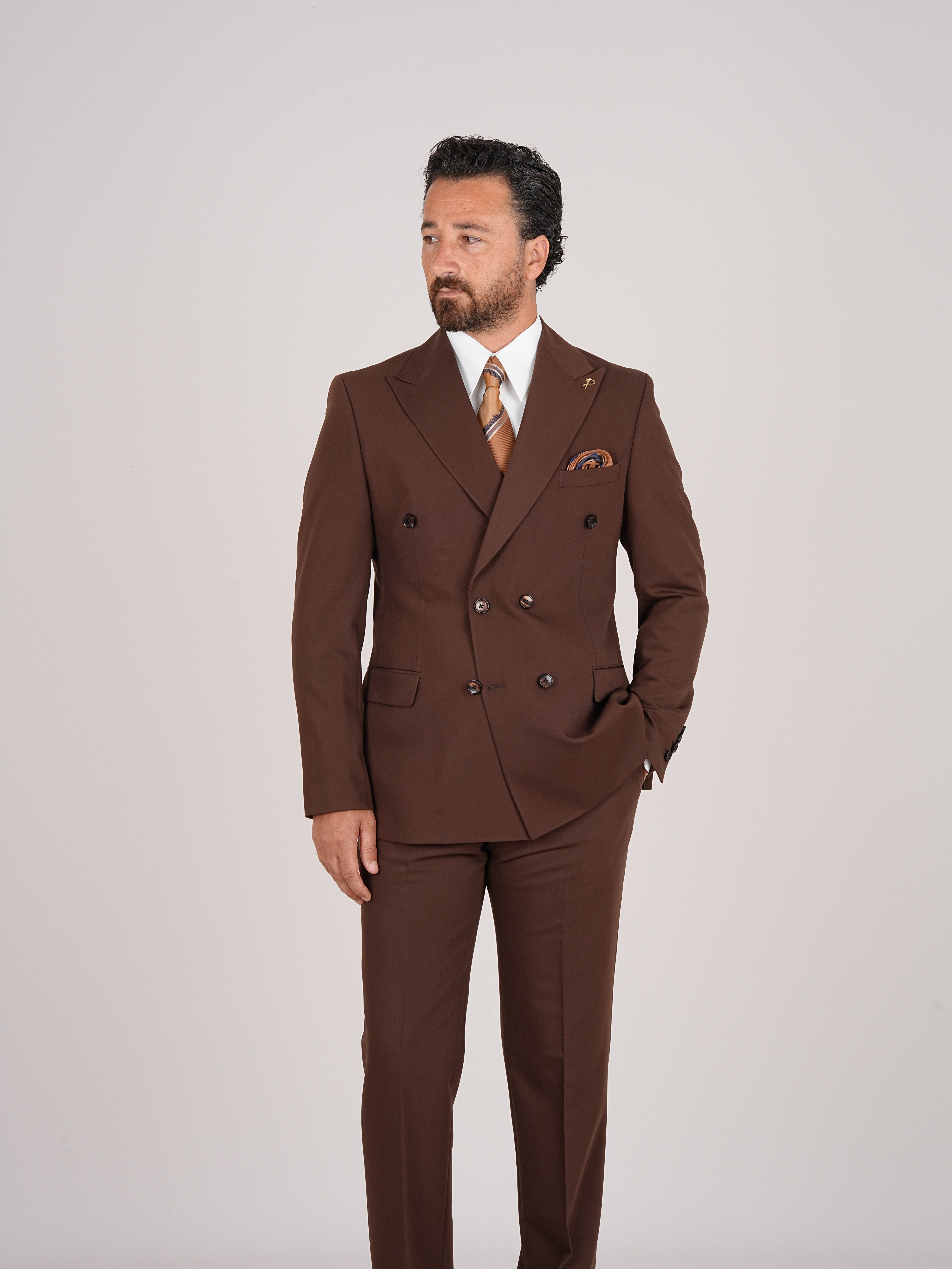 Premium Mens Double-Breasted italian Slim-Fit Suit Jacket & Trousers - Brown