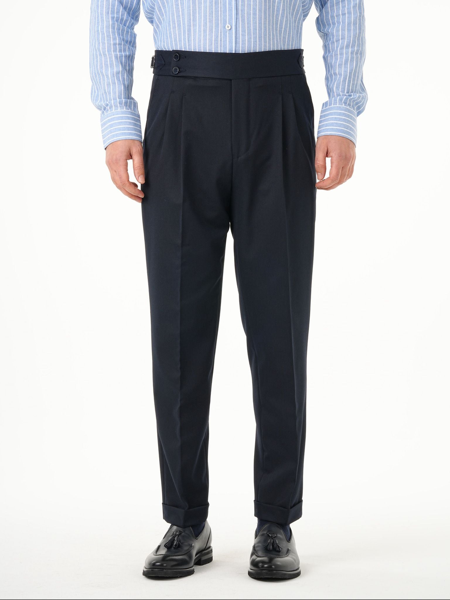 Erkek Regular Fit Yüksek Bel Piliseli Tokalı Kumaş Pantolon - Lacivert