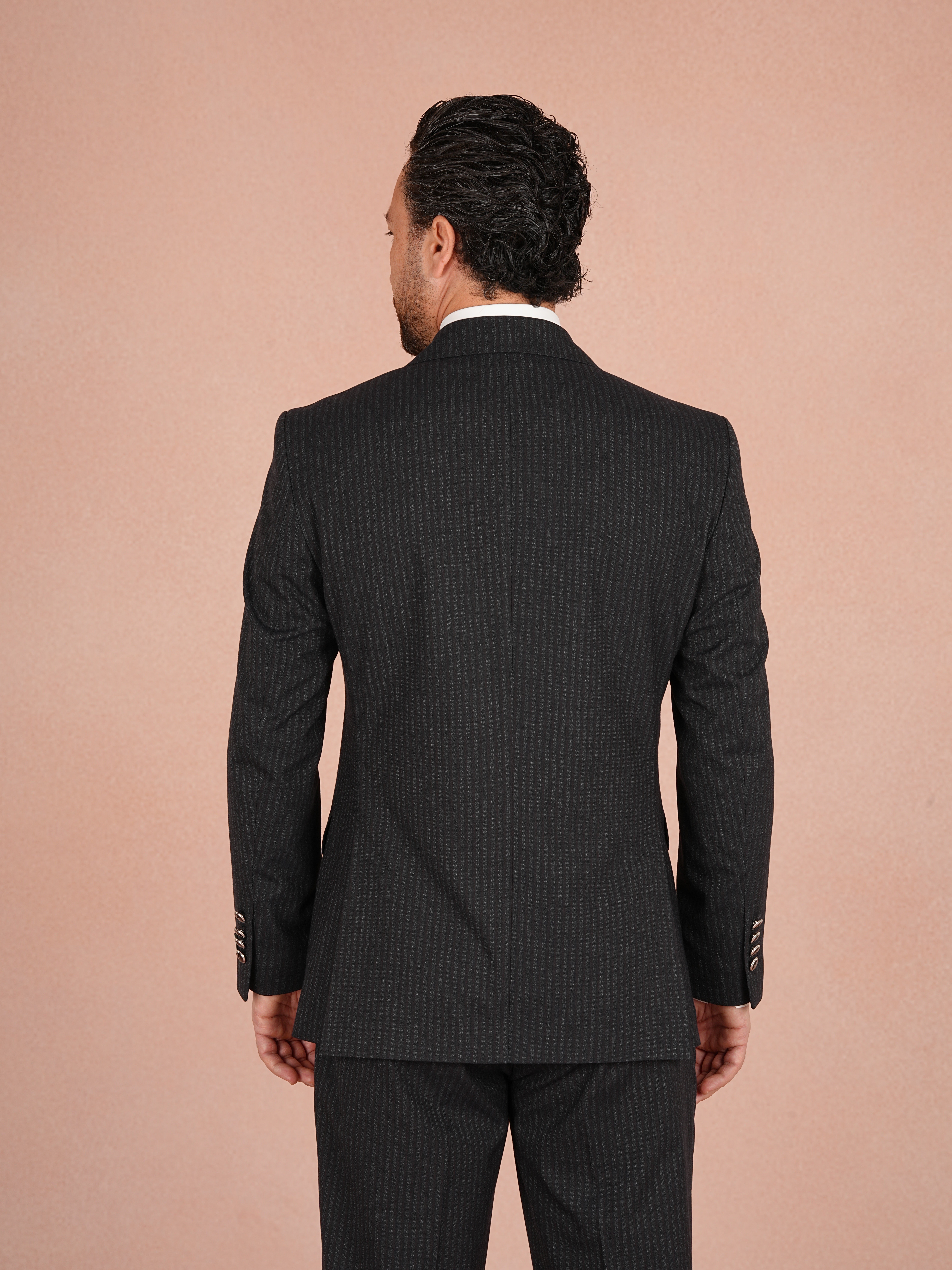 Premium Erkek Çizgili Kruvaze Takım Elbise Slim Fit İtalyan Stil Ceket Pantolon - Siyah