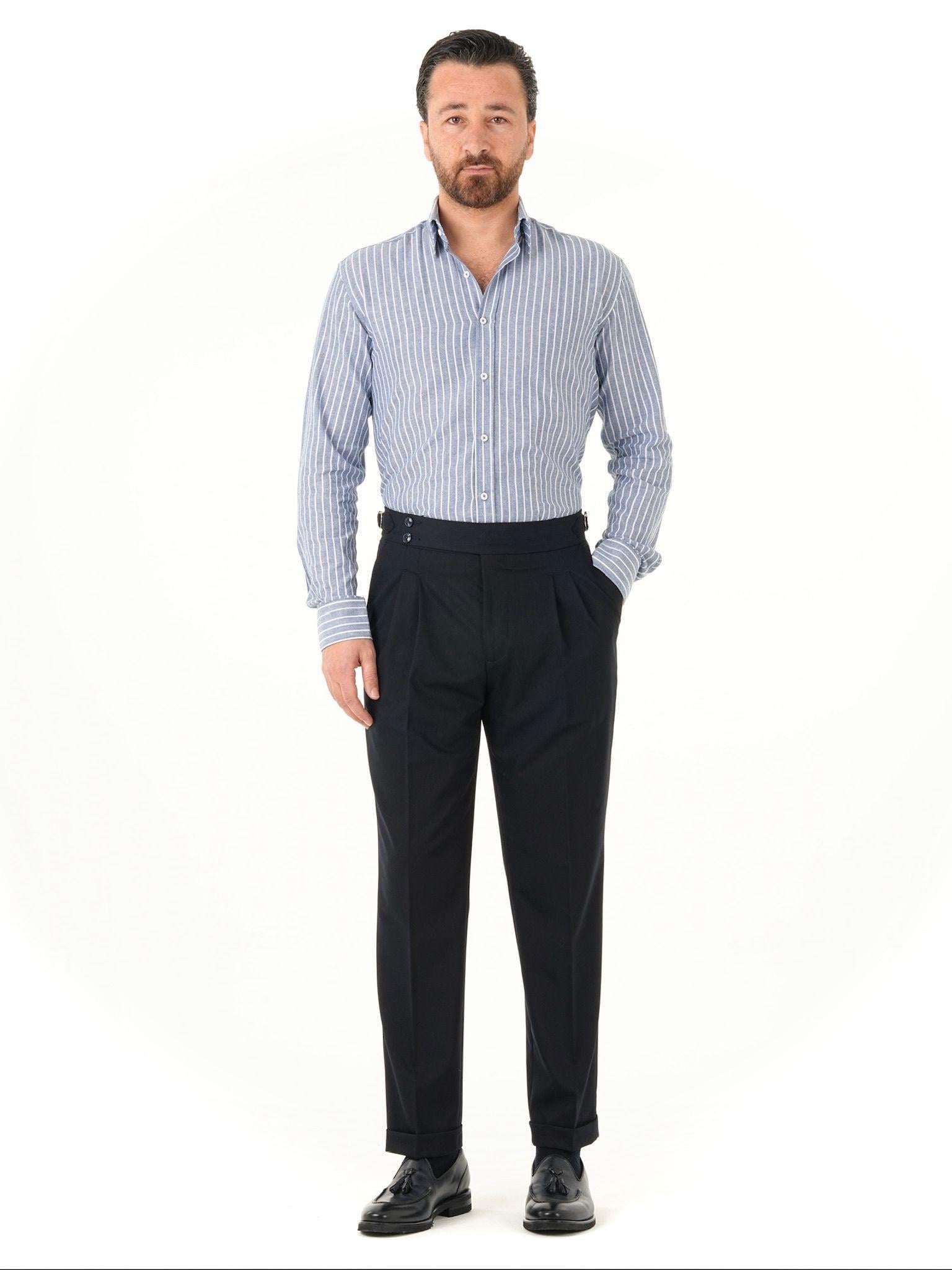 Erkek Regular Fit Yüksek Bel Piliseli Tokalı Kumaş Pantolon - Koyu Lacivert