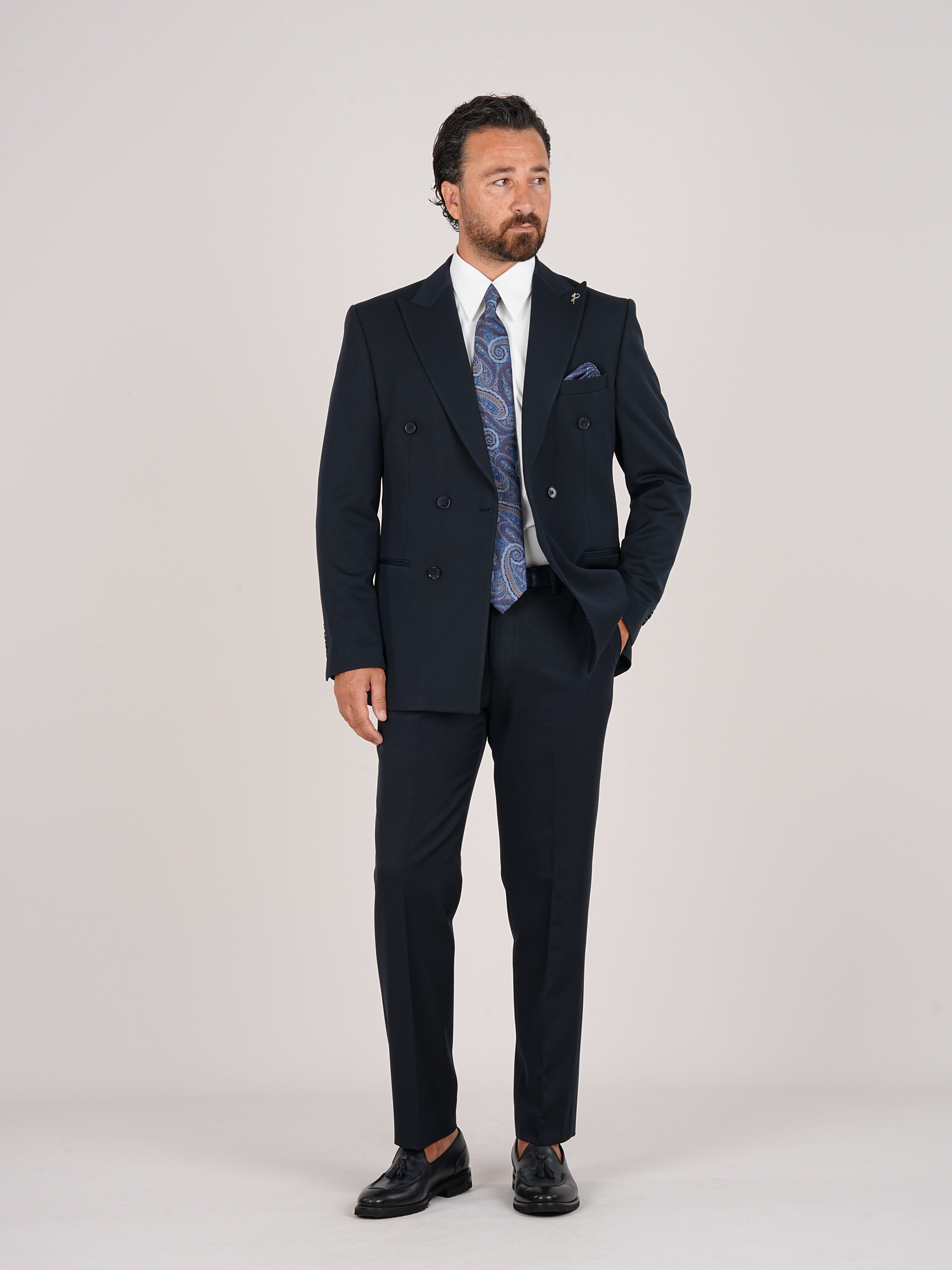 Erkek Kruvaze Takım Elbise Slim Fit İtalyan Stil Ceket Pantolon - Lacivert