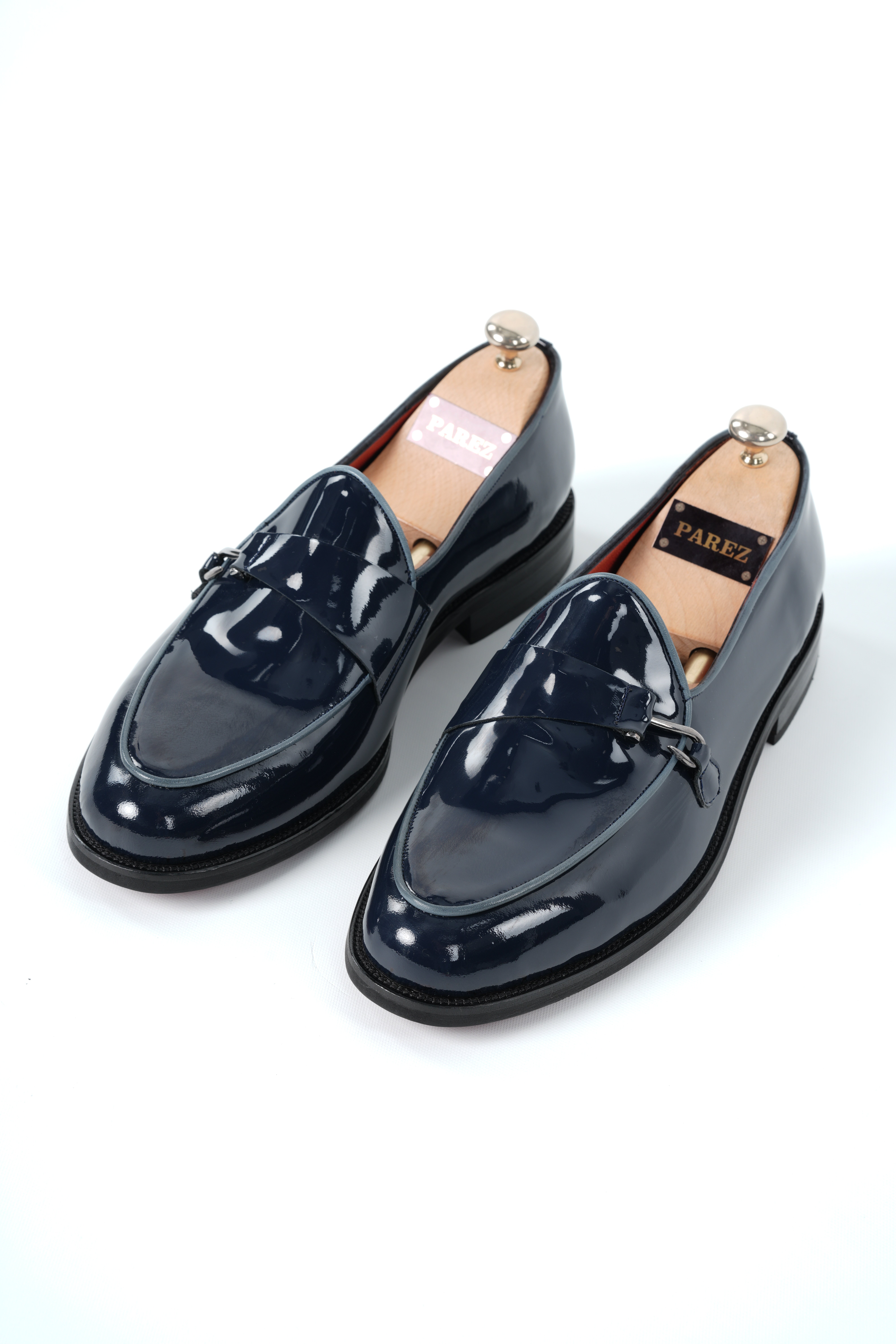 Italian Style Inner Outer Patent Leather Mens Buckle Shoes - Navy Blue