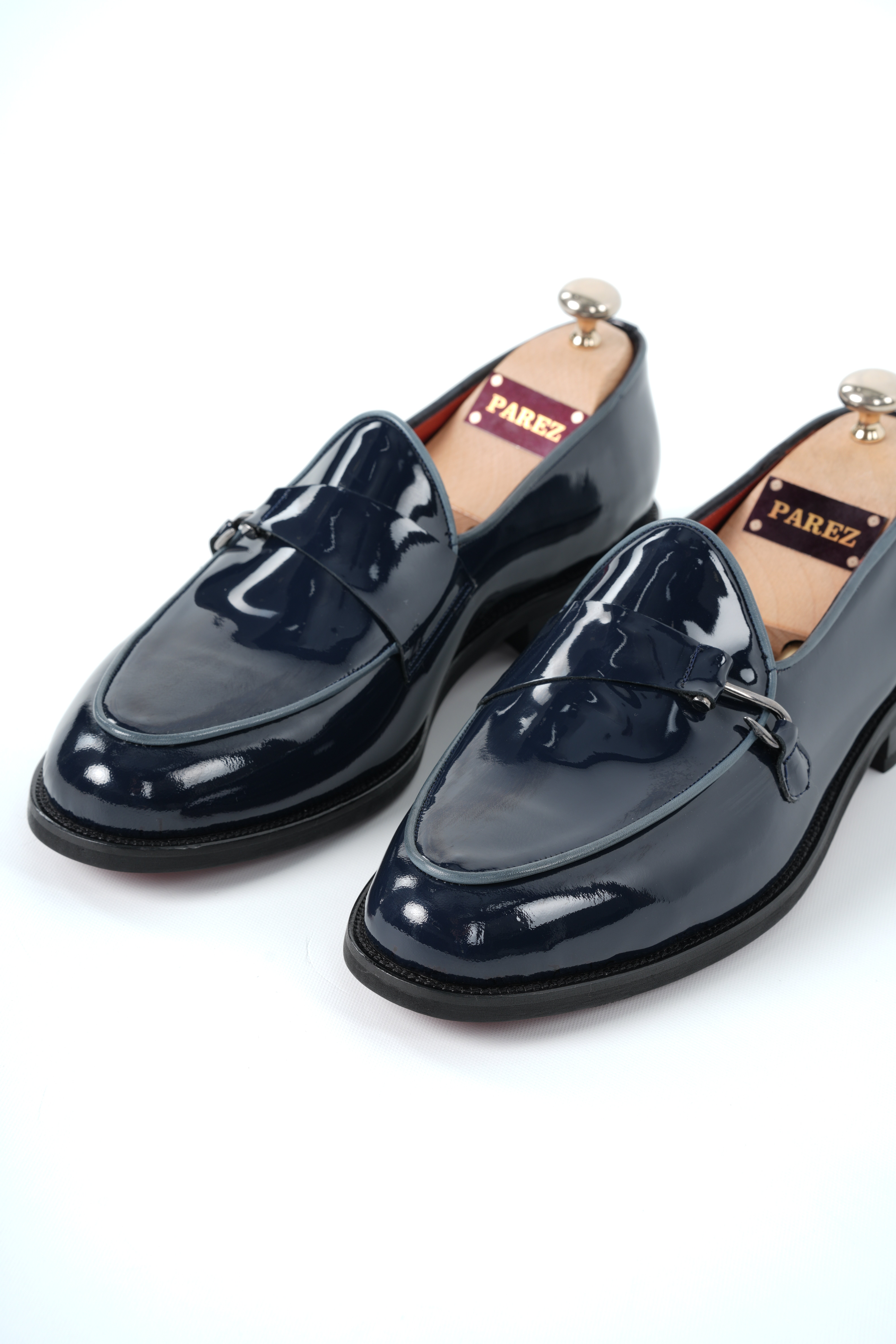 Italian Style Inner Outer Patent Leather Mens Buckle Shoes - Navy Blue
