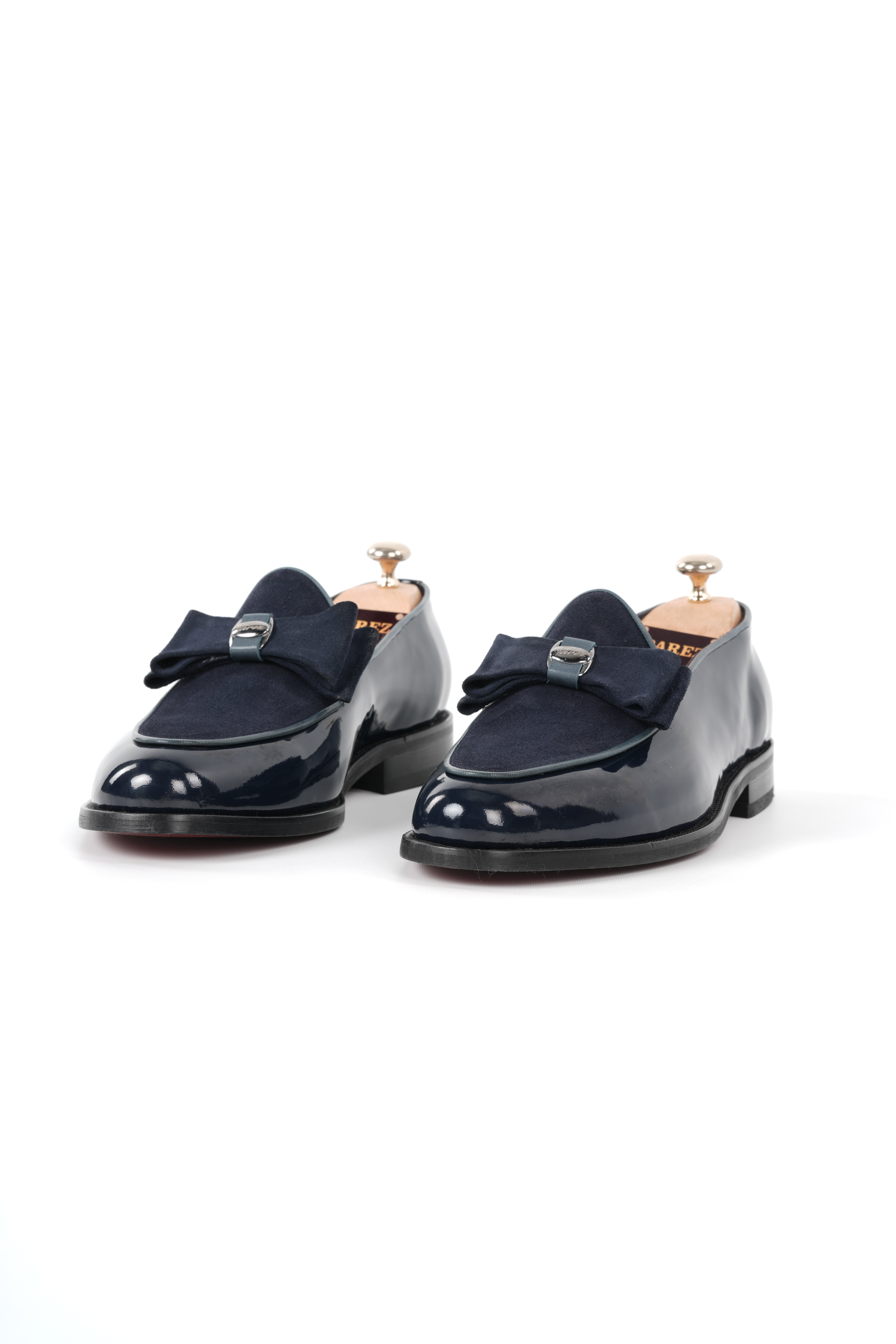Italian Style Interior Exterior Patent Leather Garni Suede Silver Buckle Mens Shoes - Navy Blue