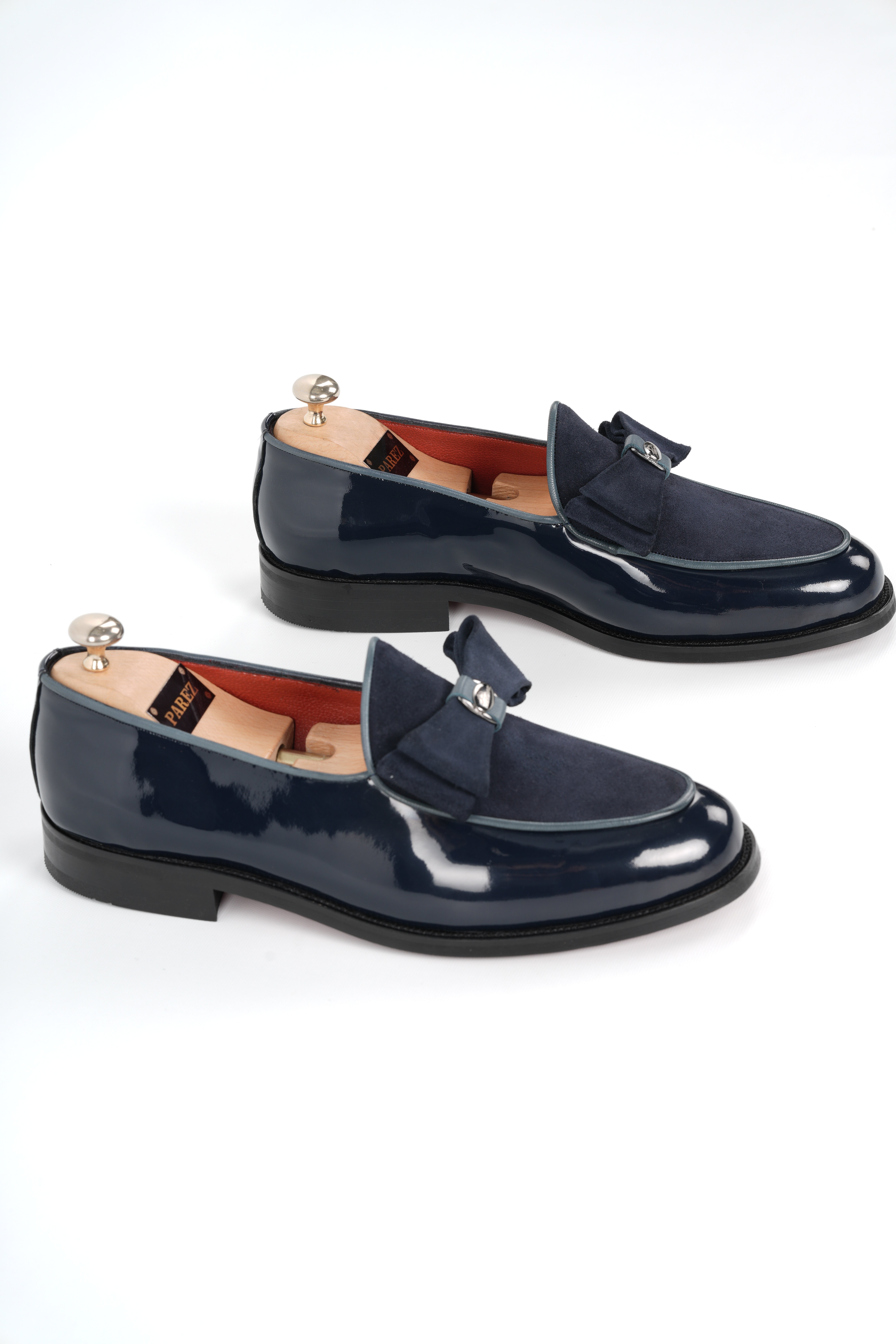 Italian Style Interior Exterior Patent Leather Garni Suede Silver Buckle Mens Shoes - Navy Blue