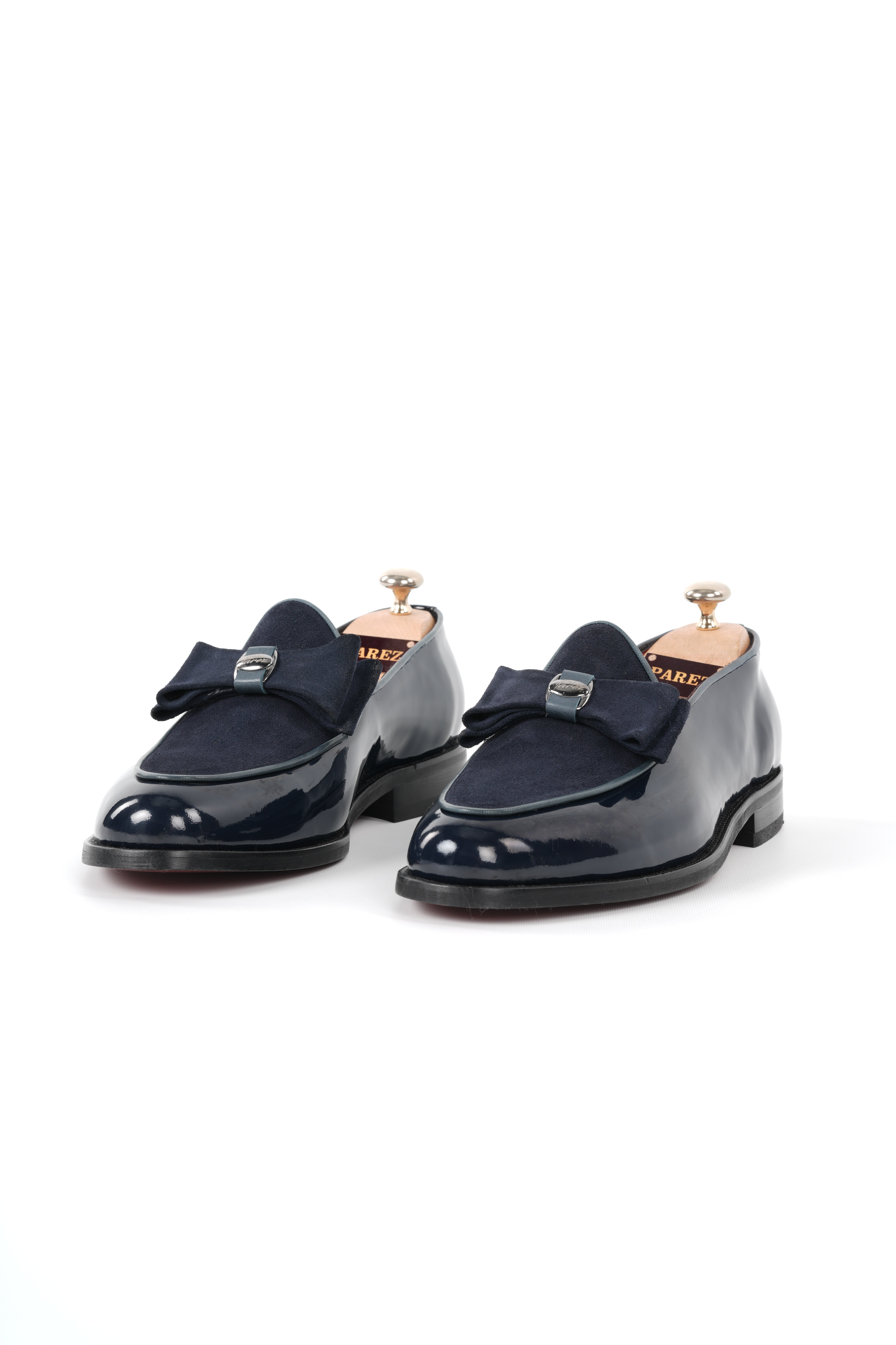 Italian Style Interior Exterior Patent Leather Garni Suede Silver Buckle Mens Shoes - Navy Blue