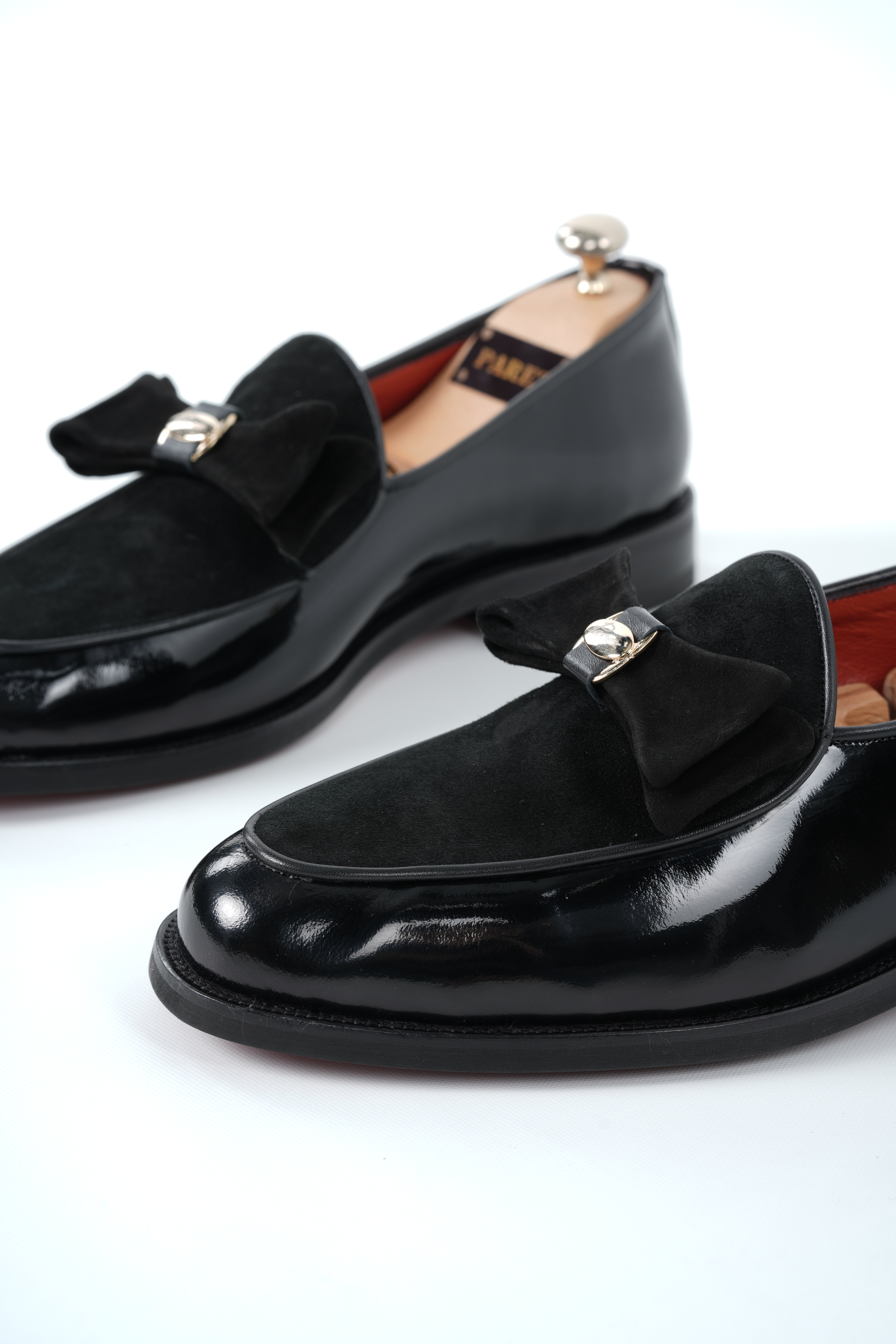 Premium Mens Patent Leather Shoes with Suede Detail - Black Patent Leather