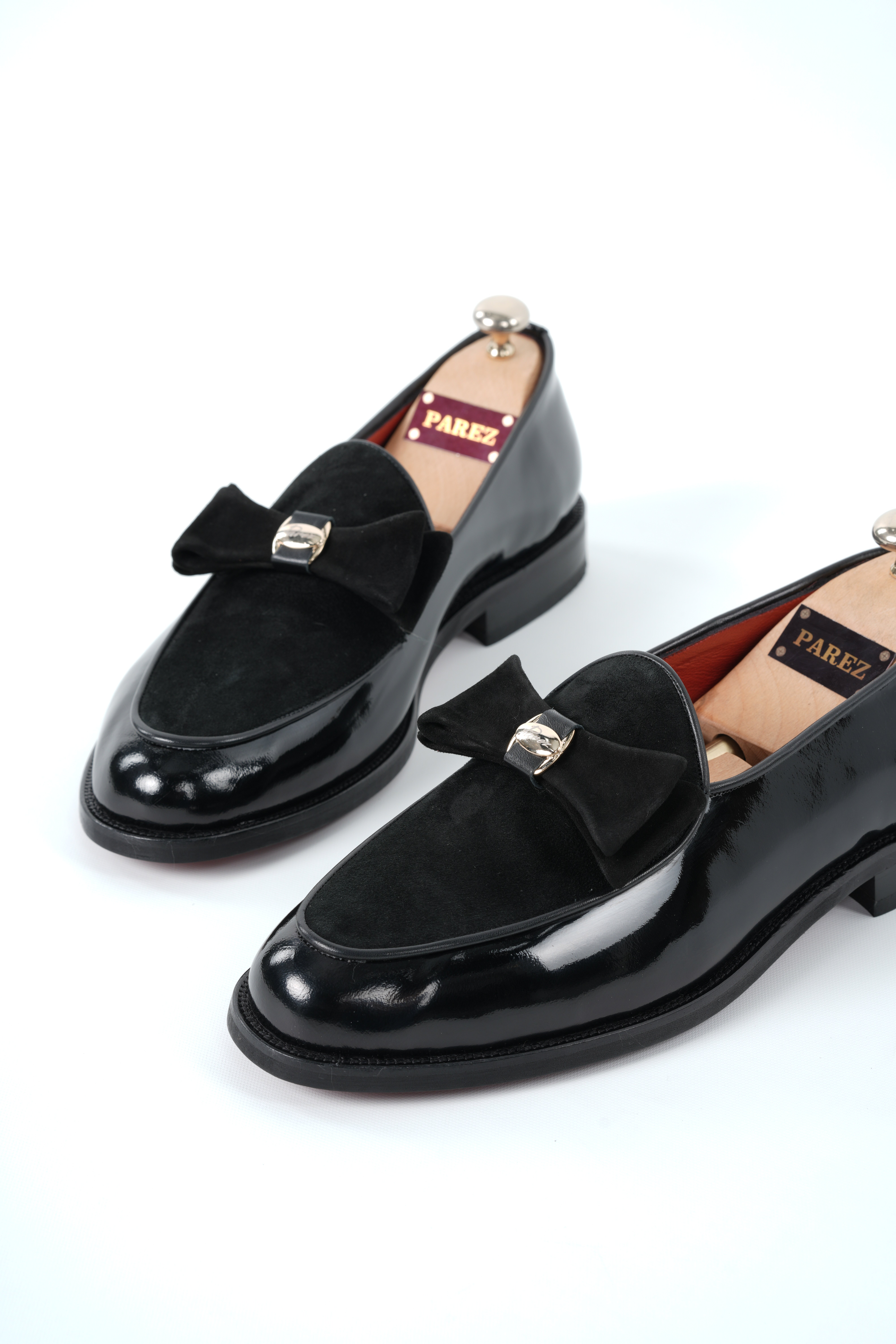 Premium Mens Patent Leather Shoes with Suede Detail - Black Patent Leather