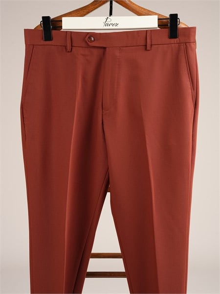 Erkek Slim Fit Yüksek Bel Duble Paça Kumaş Pantolon - Kiremit