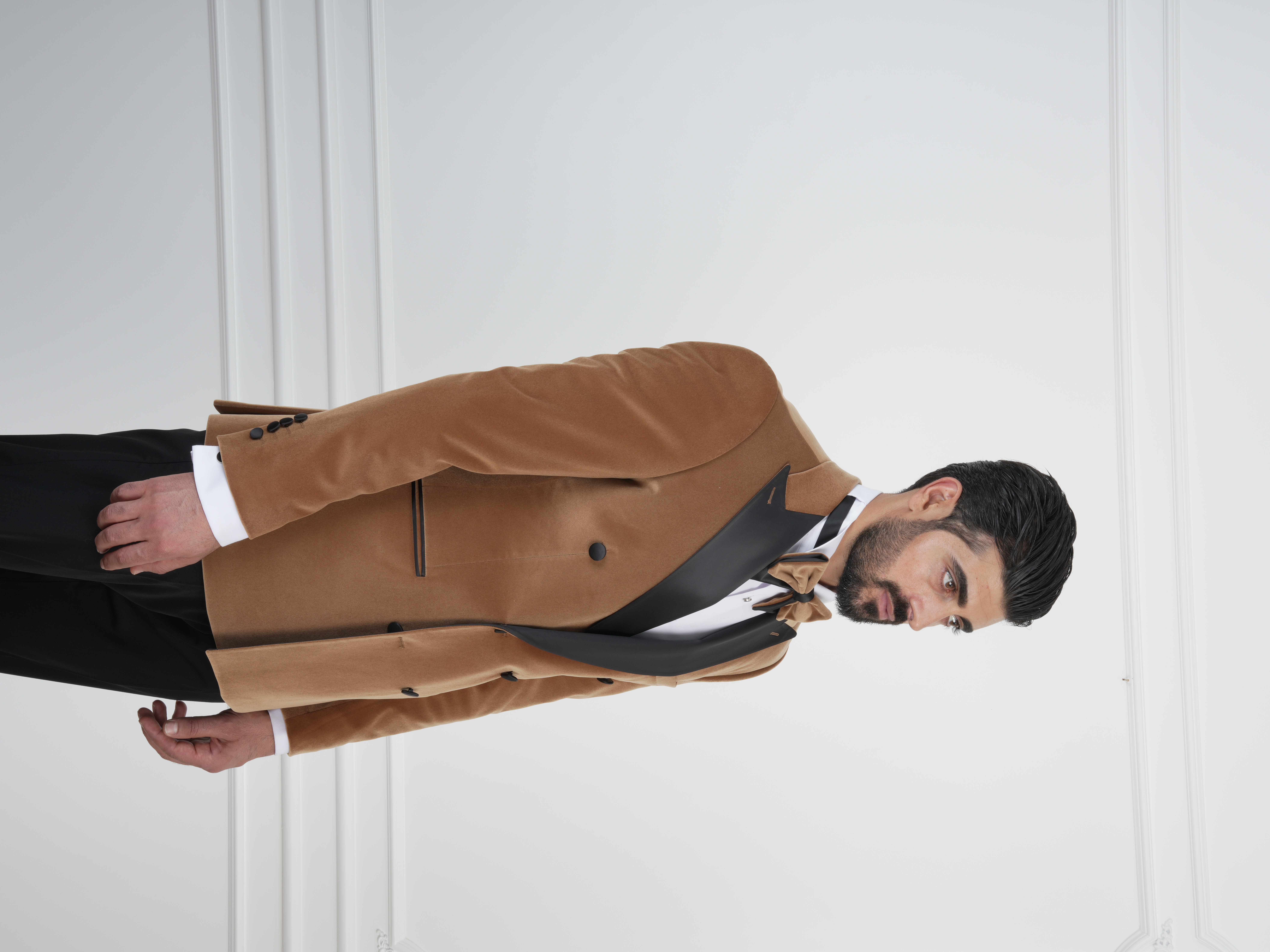 Erkek Premium Kadife Kruvaze Smokin Damatlık İtalyan Stil  Ceket Pantolon Papyon - Krem