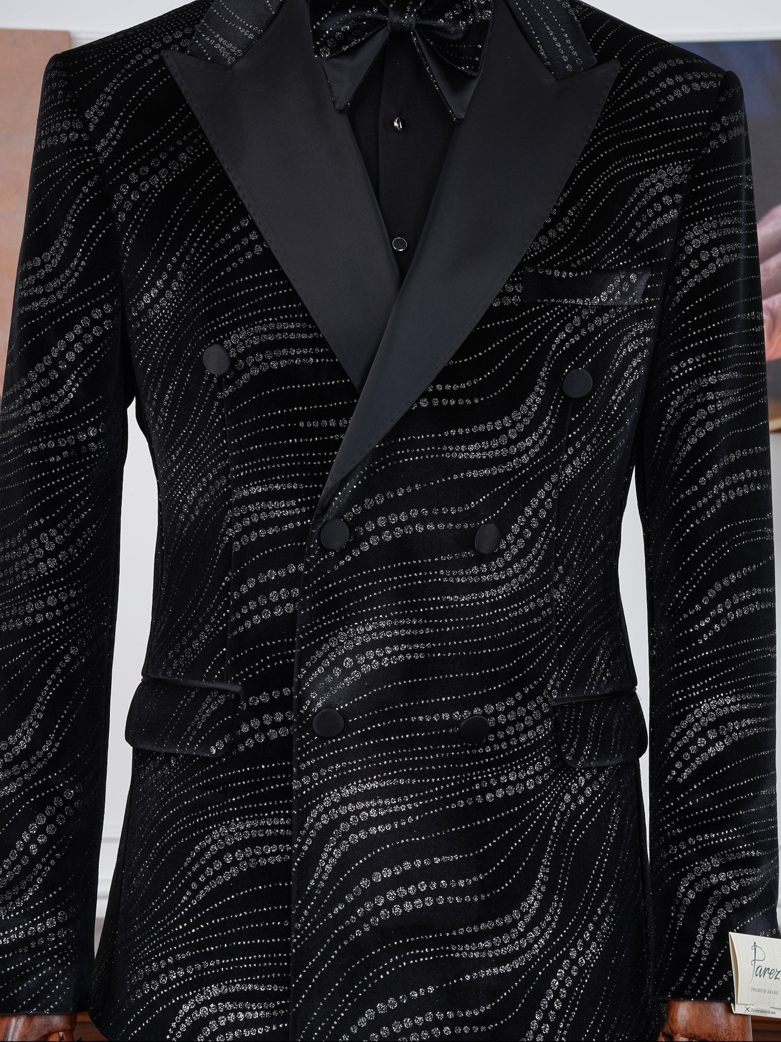 Erkek Slim Fit İtalyan Stil Baskı Desenli Smokin Damatlık - Siyah