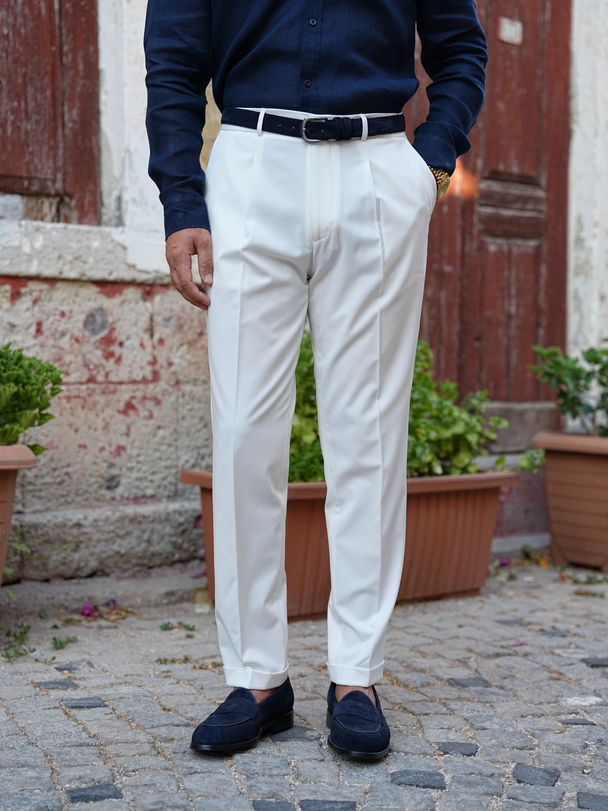 İtalyan Stil Regular Fit Pileli Yüksel Bel Erkek Pantolon - Beyaz