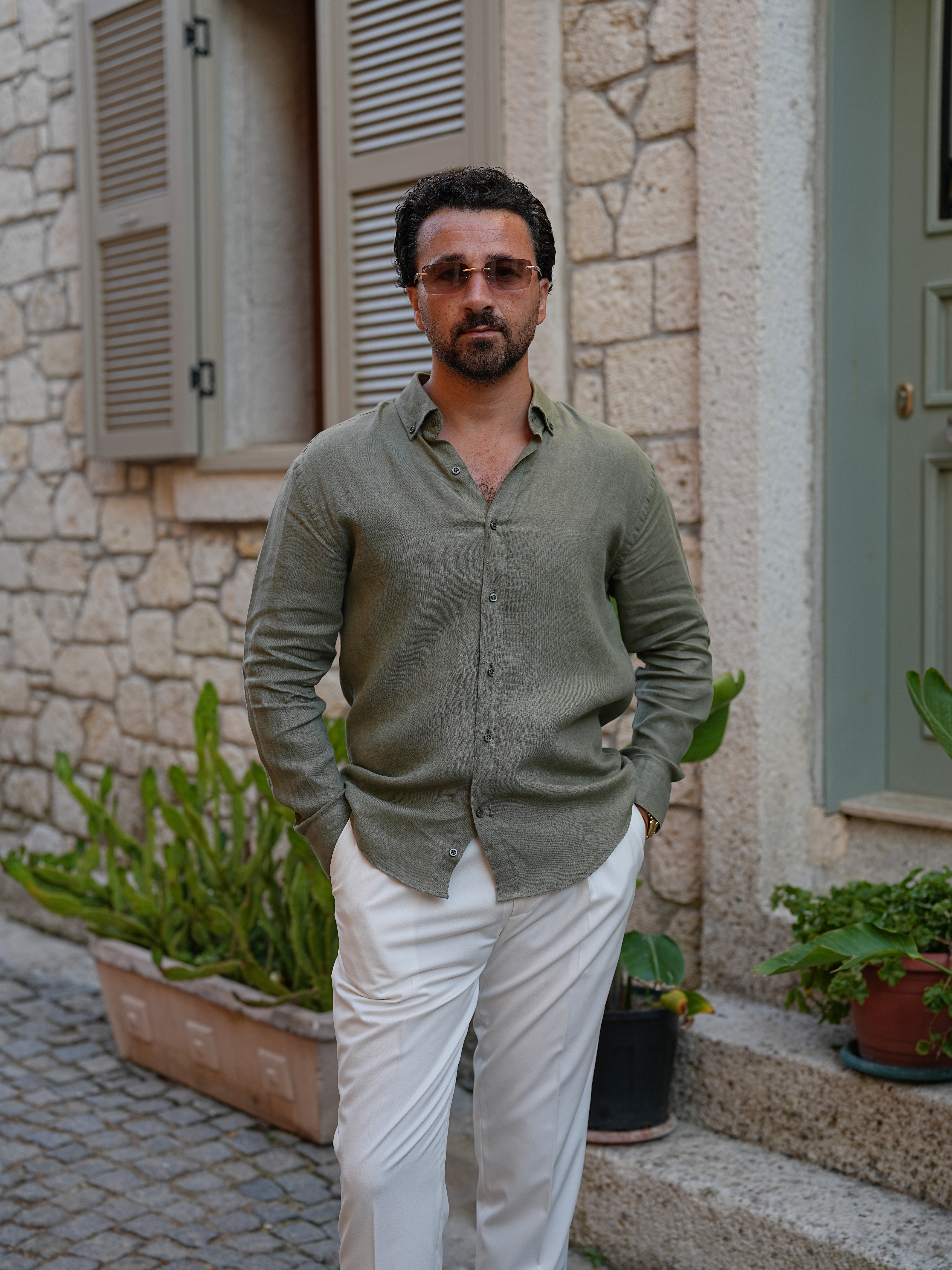 PAREZ Keten Gömlek Modern Fit Yaka Düğmeli - Haki