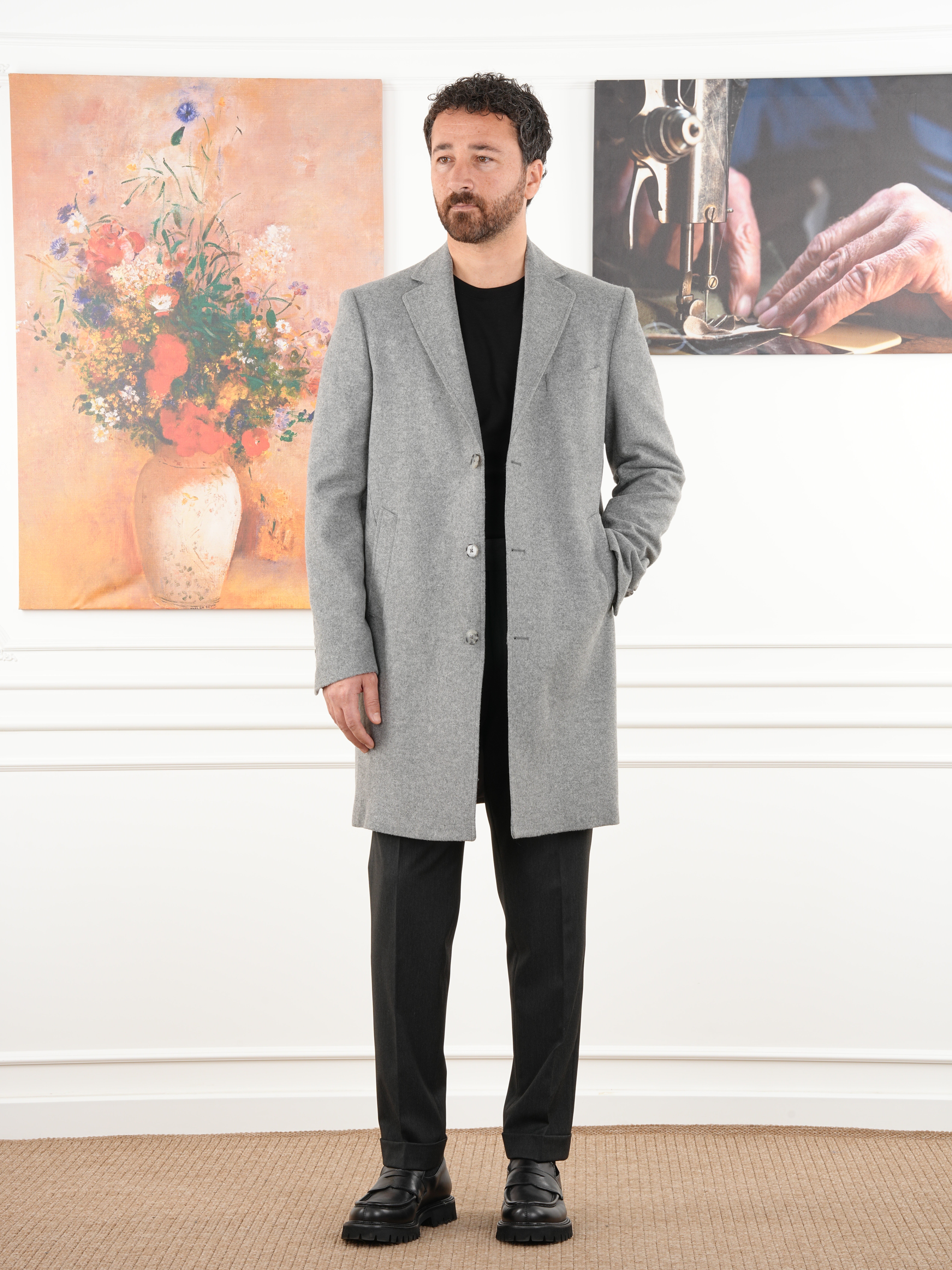 Erkek Premium İtalyan Stil Slim Fit Mono Yaka Kaşe Kaban - Gri