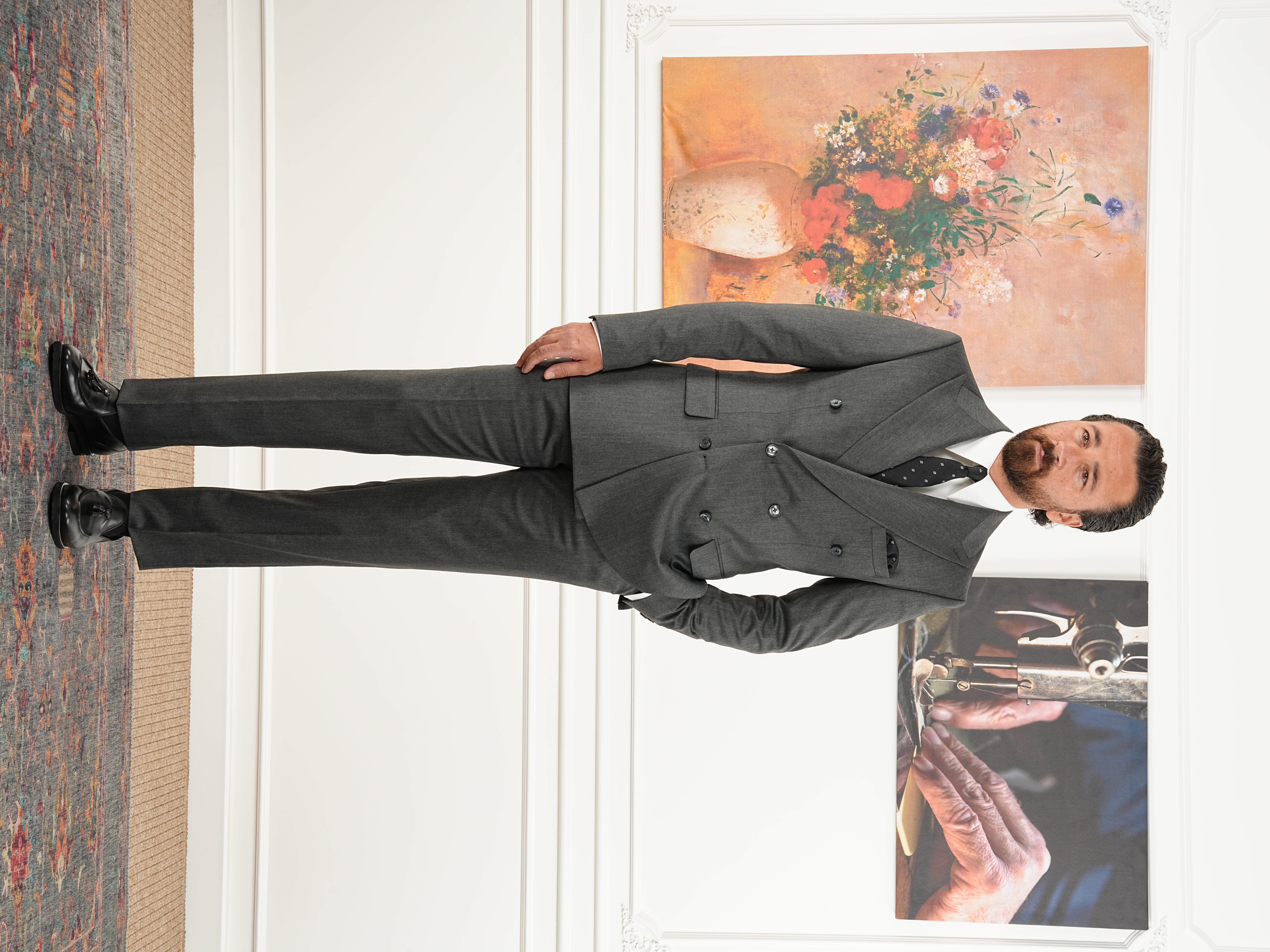 Erkek Slim Fit İtalyan Stil Kruvaze Takım Elbise Ceket Pantolon - Füme