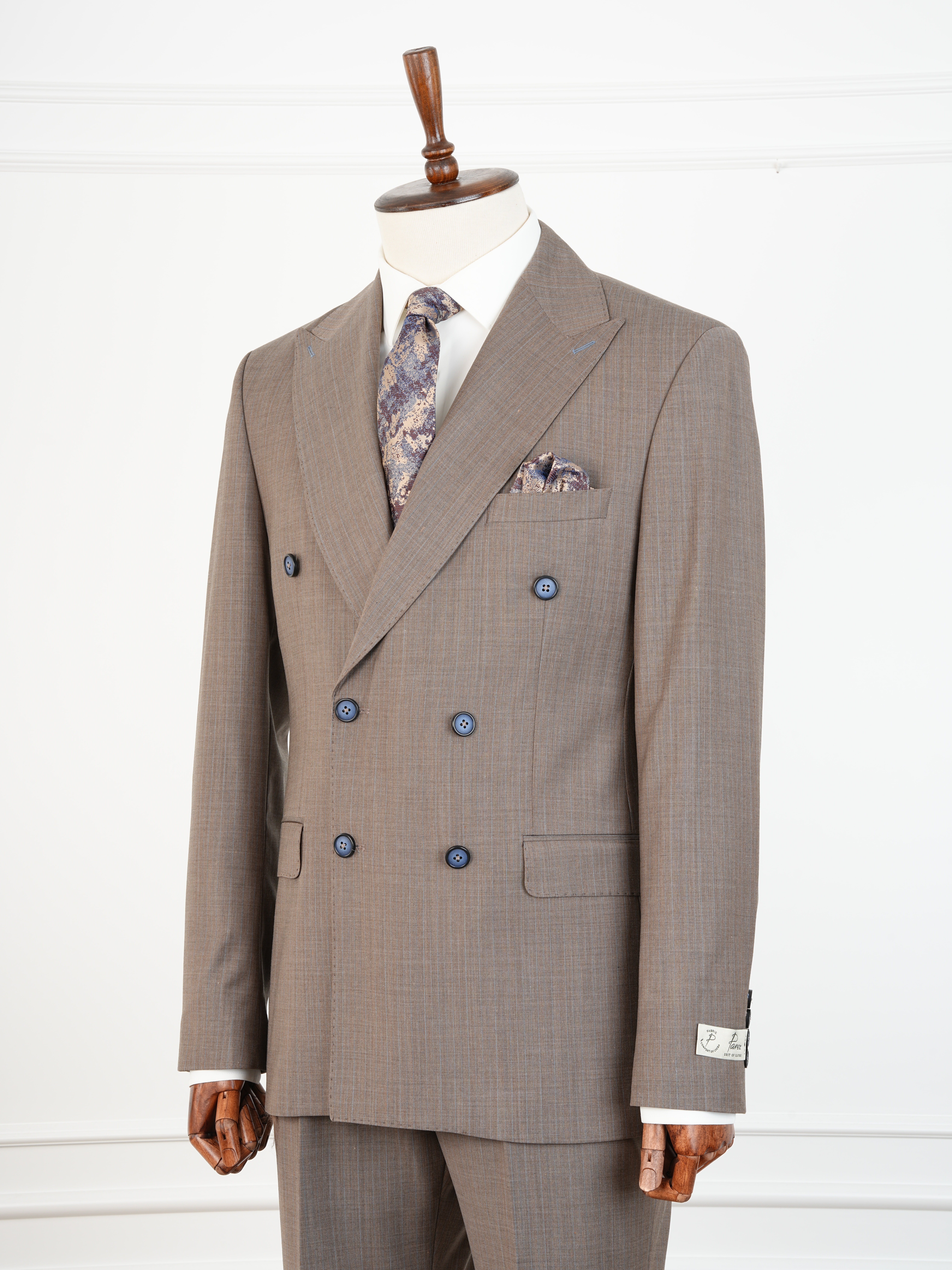 Yünlü Kruvaze Takım Elbise Slim Fit İtalyan Stil Ceket Pantolon - Sütlü Kahve