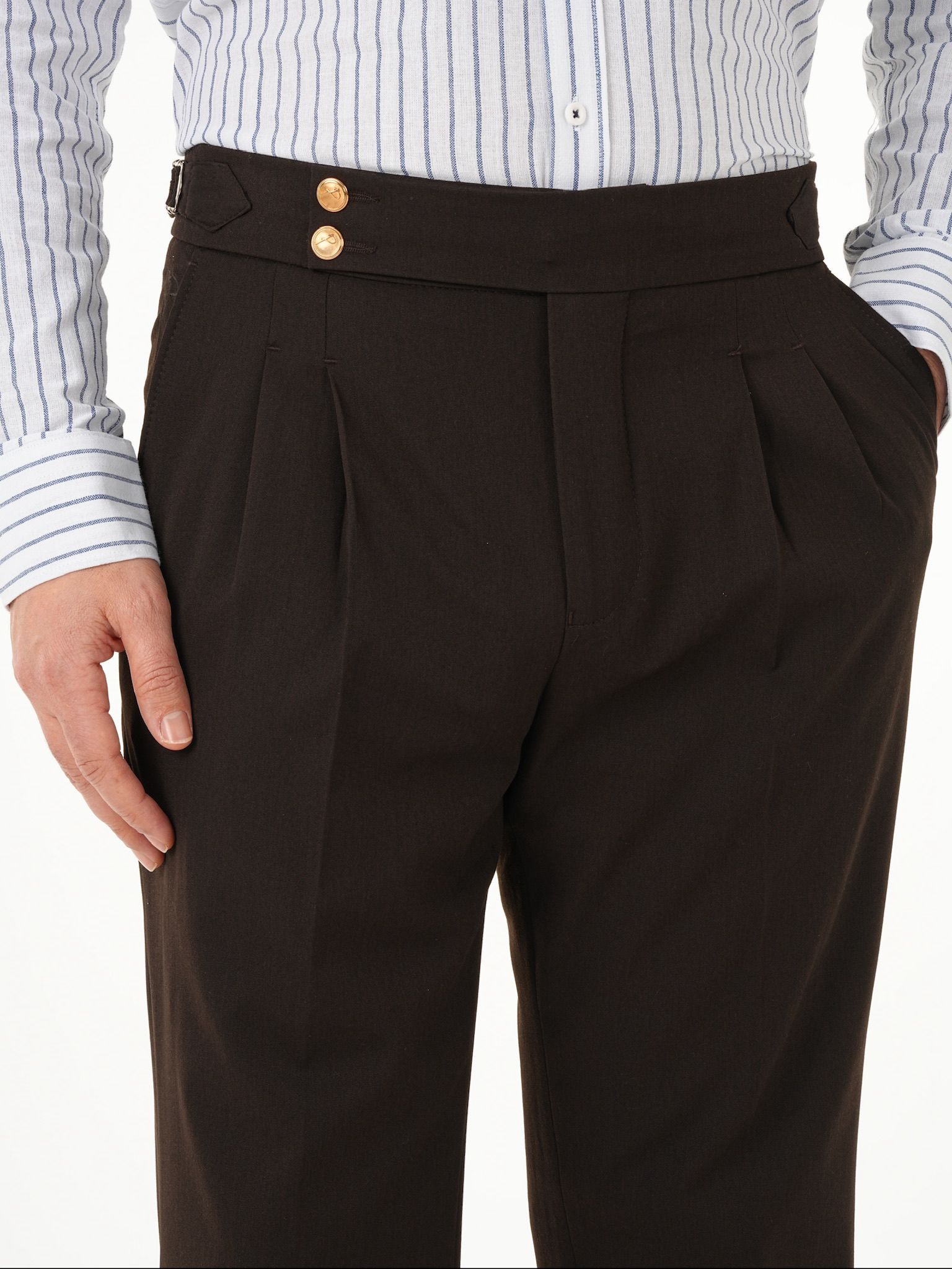 Erkek Regular Fit Yüksek Bel Piliseli Tokalı Kumaş Pantolon - Acı Kahve