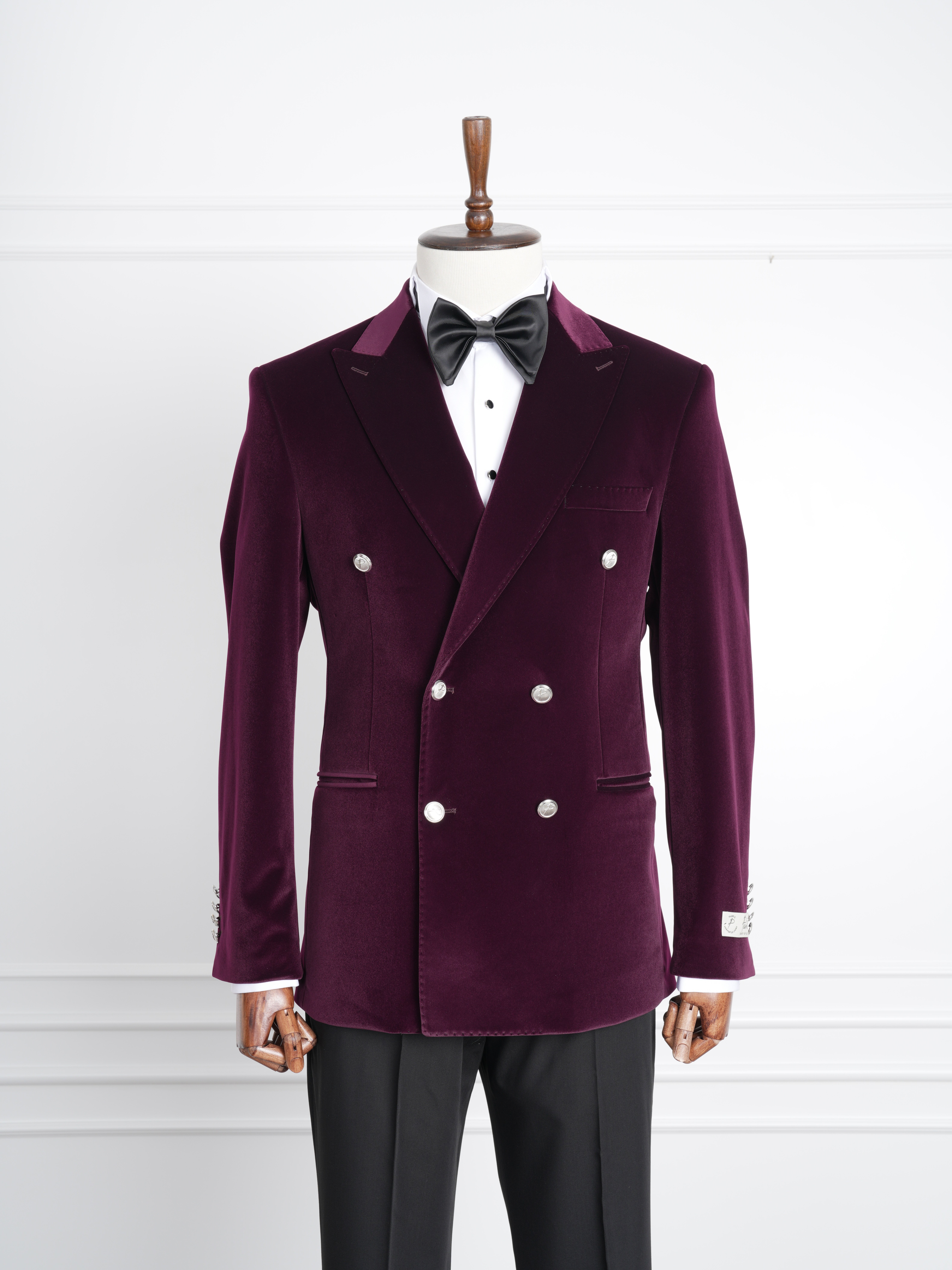 Premium Erkek Kadife Kruvaze Smokin Damatlık Metal Düğme Punto Dikişli Ceket Pantolon Papyon - Mor