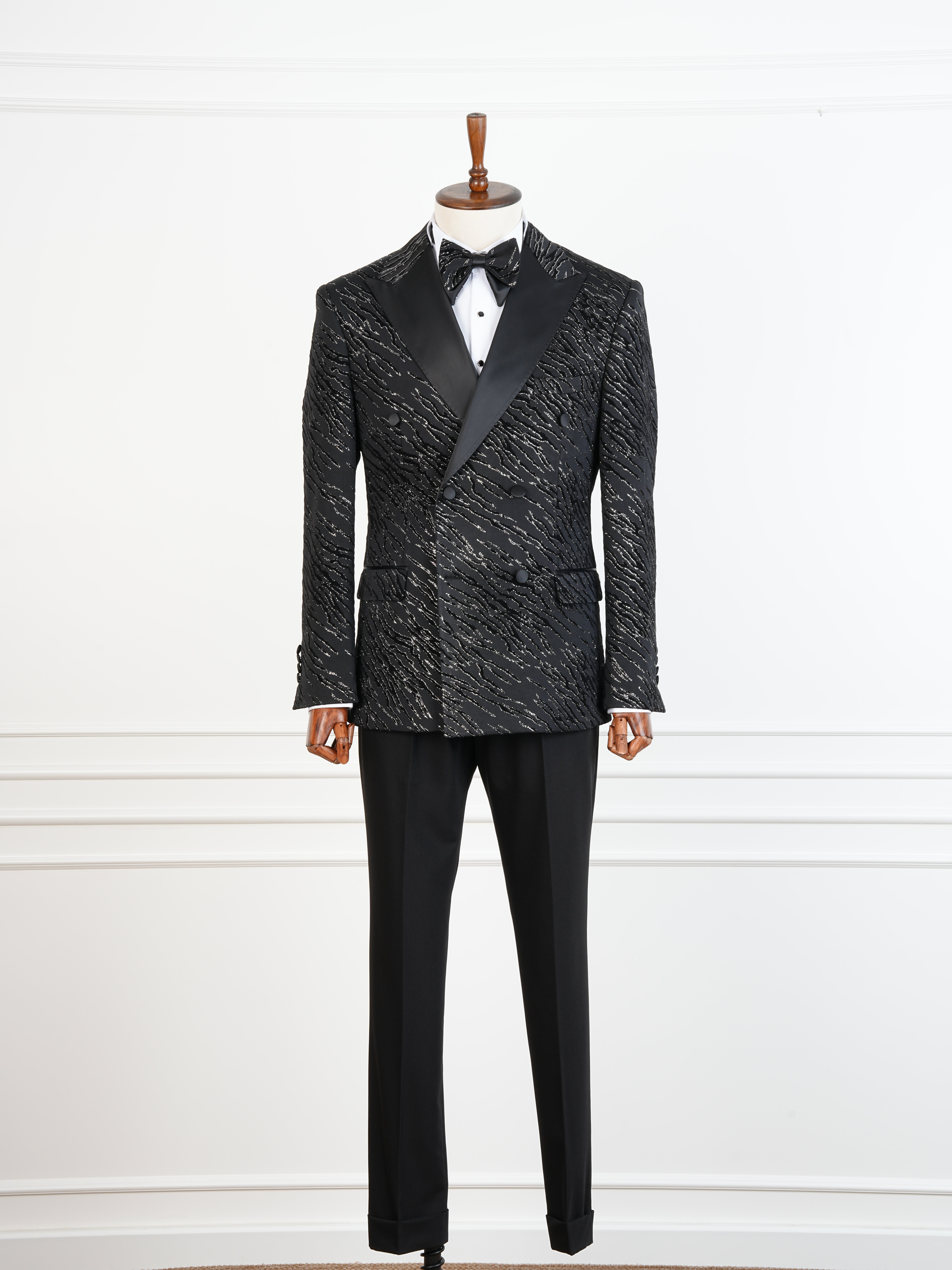 Erkek Slim Fit İtalyan Stil Desenli Damatlık Smokin - Siyah