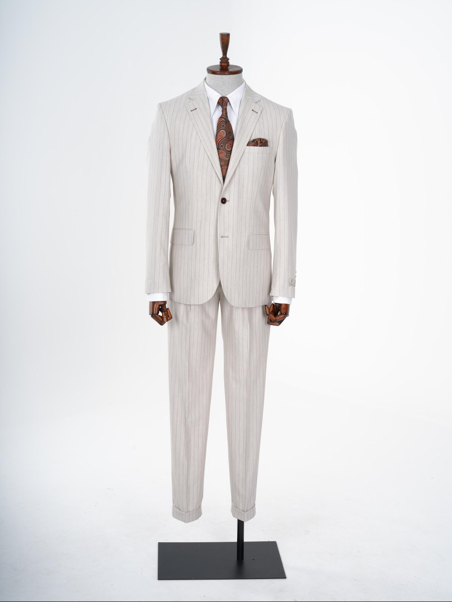 Premium Erkek Mono Yaka Çizgili Takım Elbise Slim Fit İtalyan Stil Punto Dikişli Ceket Pantolon - Krem