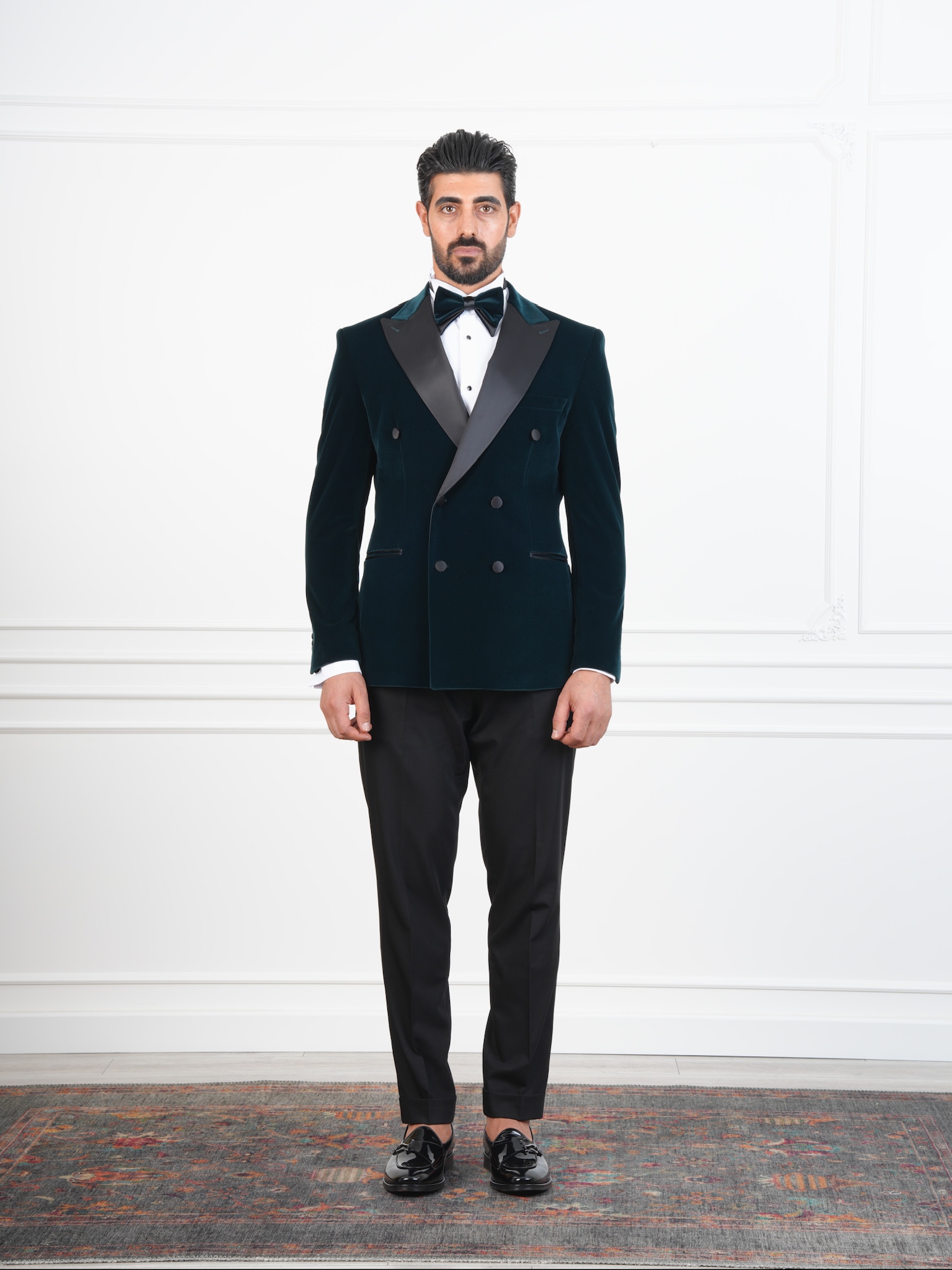 Erkek Premium Kadife Kruvaze Smokin Damatlık İtalyan Stil  Ceket Pantolon Papyon - Haki