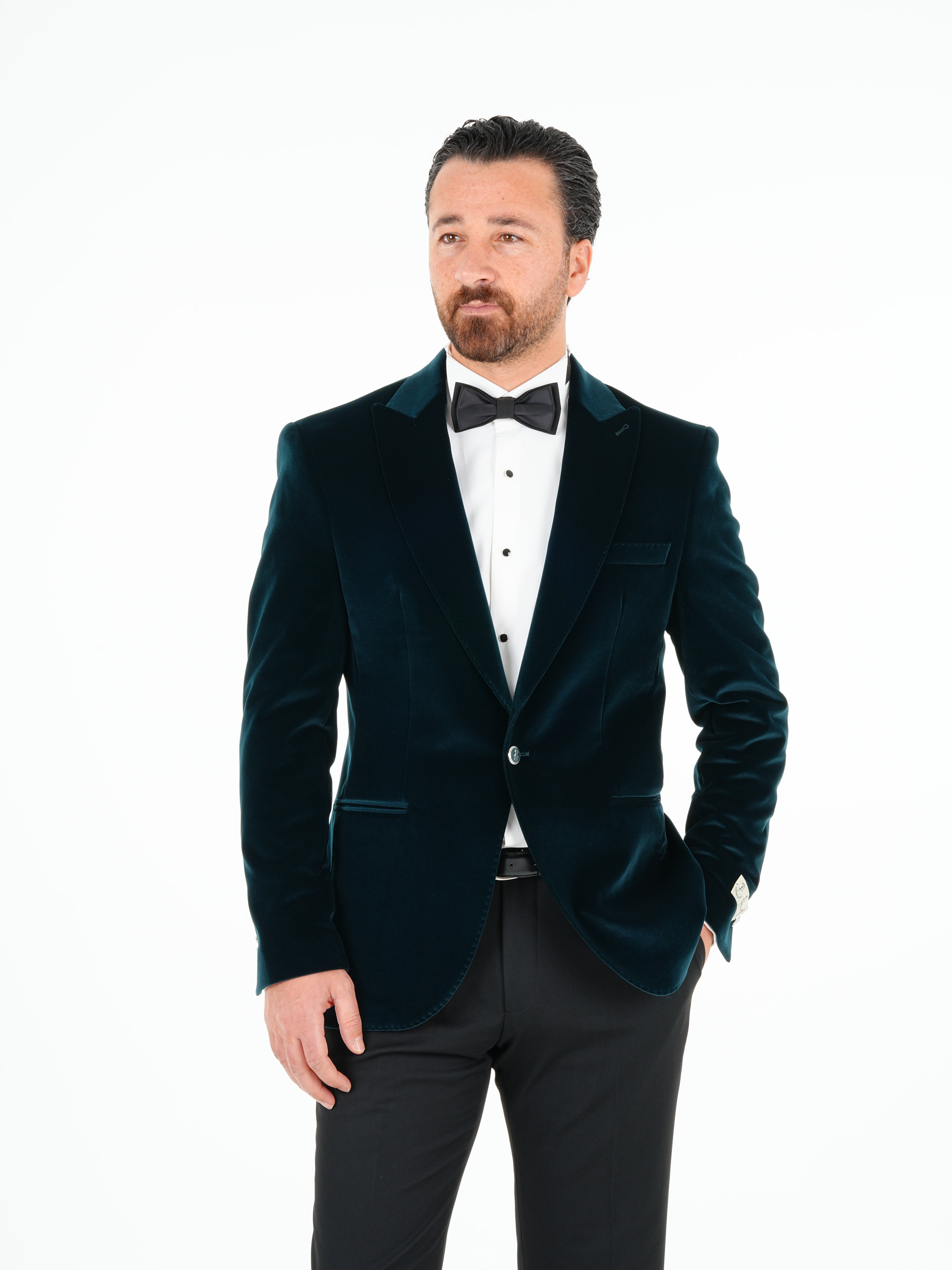 Premium Erkek Kadife Smokin Damatlık Gümüş Düğme Punto Dikişli Ceket Pantolon Papyon - Yeşil