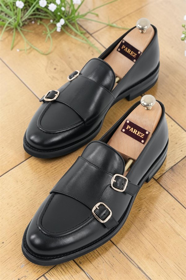 Fırça Açma Premium Deri Dana İç Astarlı Özel Hafif Eva Taban Ve Hedefe Ökçeli Ayakkabı - Siyah