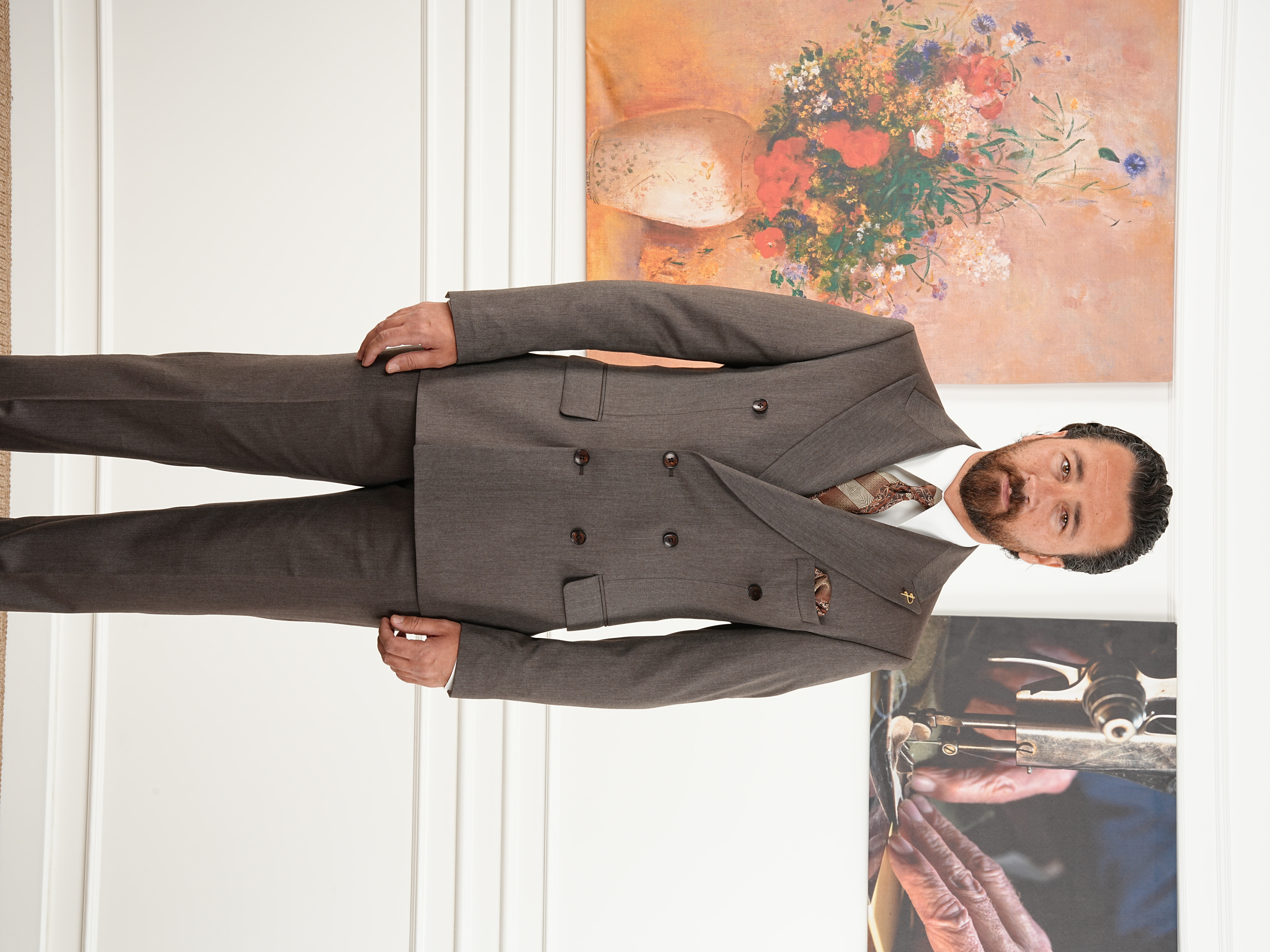 Erkek Slim Fit İtalyan Stil Kruvaze Takım Elbise Ceket Pantolon - Kahve