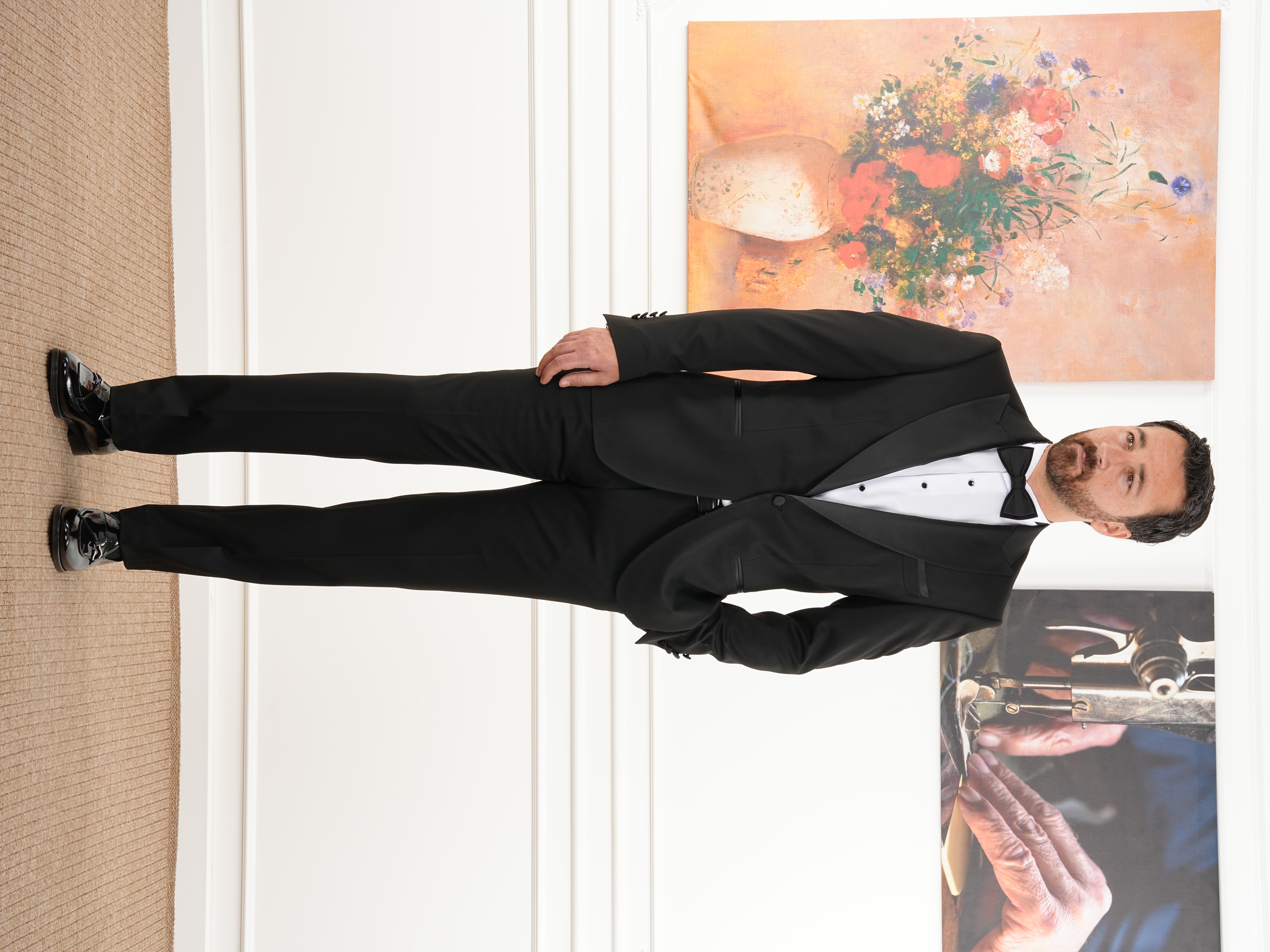 Erkek Smokin Damatlık İtalyan Stil Kırlangıç Yaka Ceket Pantolon Kuşak Papyon-Siyah - Siyah