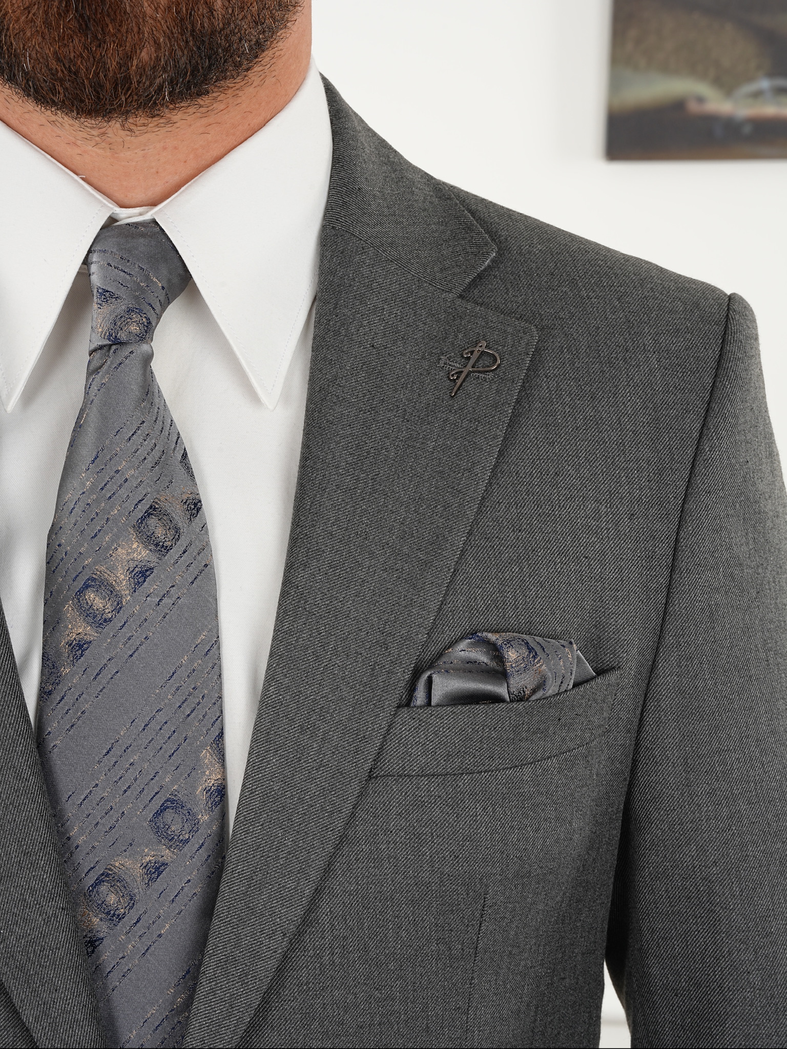 Premium Erkek Mono Yaka Takım Elbise Slim Fit İtalyan Stil Ceket Pantolon - Gri