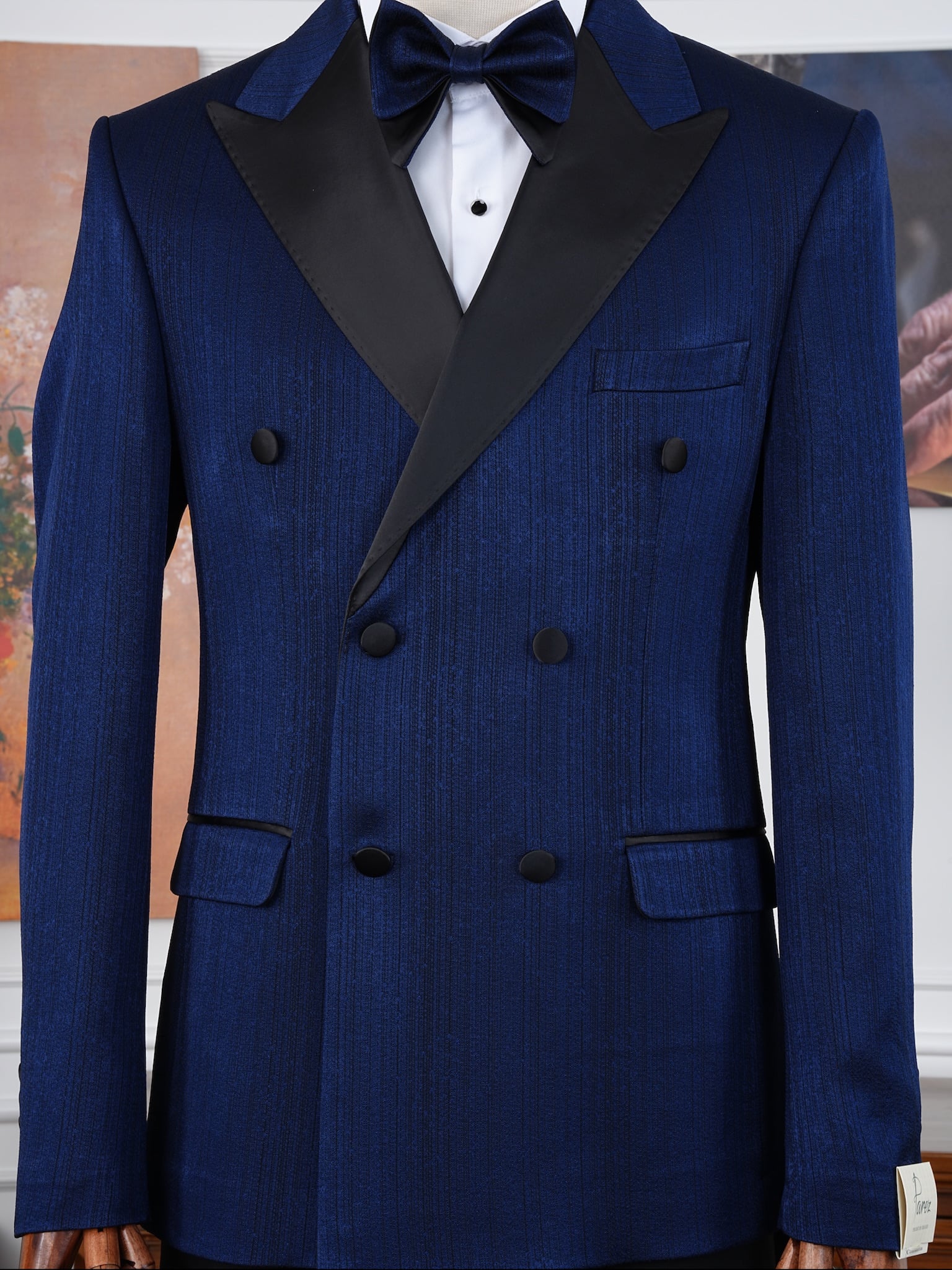 Erkek Slim Fit İtalyan Stil Kendinden Desenli Kruvaze Smokin Damatlık - Lacivert
