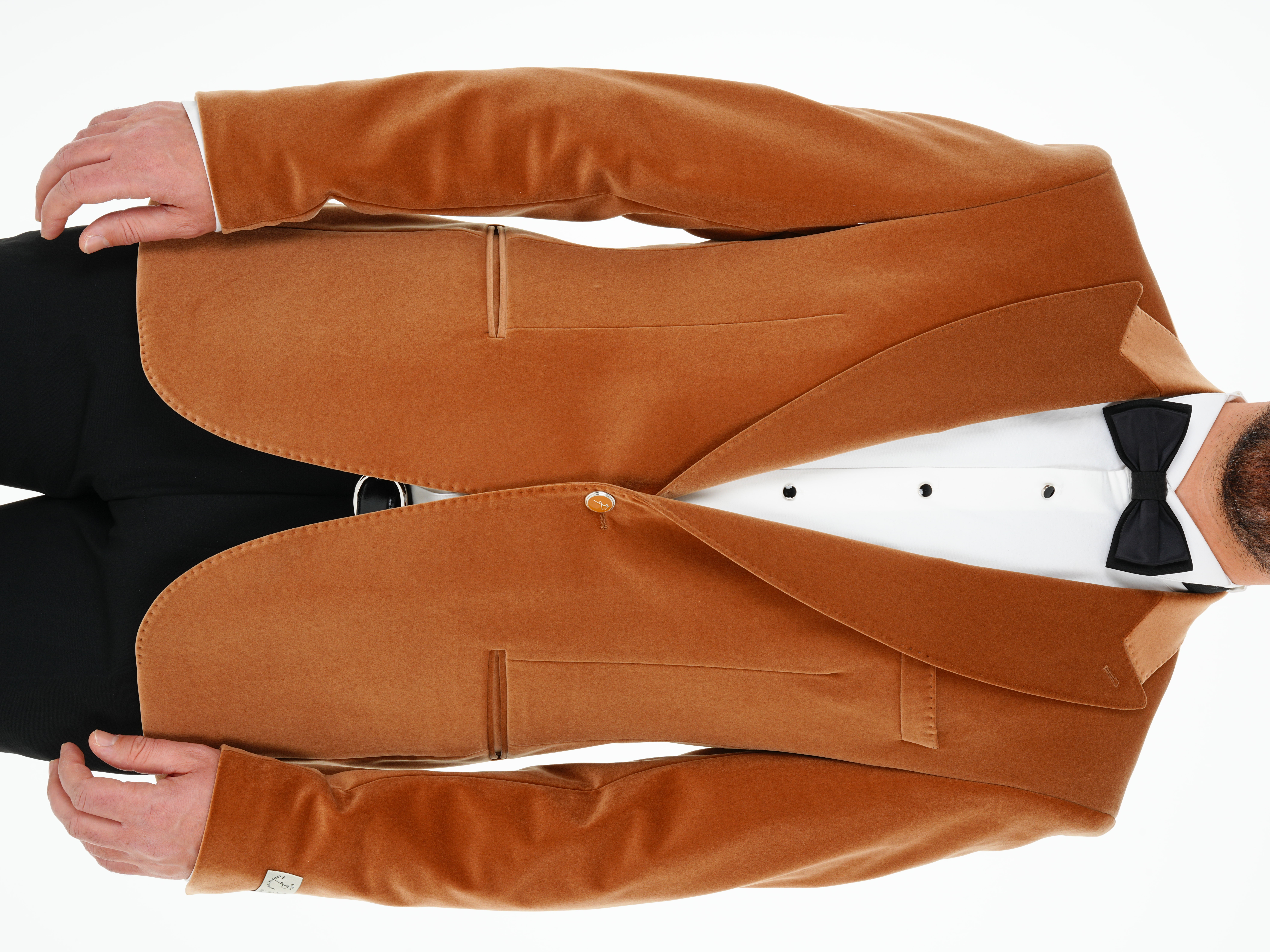 Premium Erkek Kadife Smokin Damatlık Gümüş Düğme Punto Dikişli Ceket Pantolon Papyon - Krem