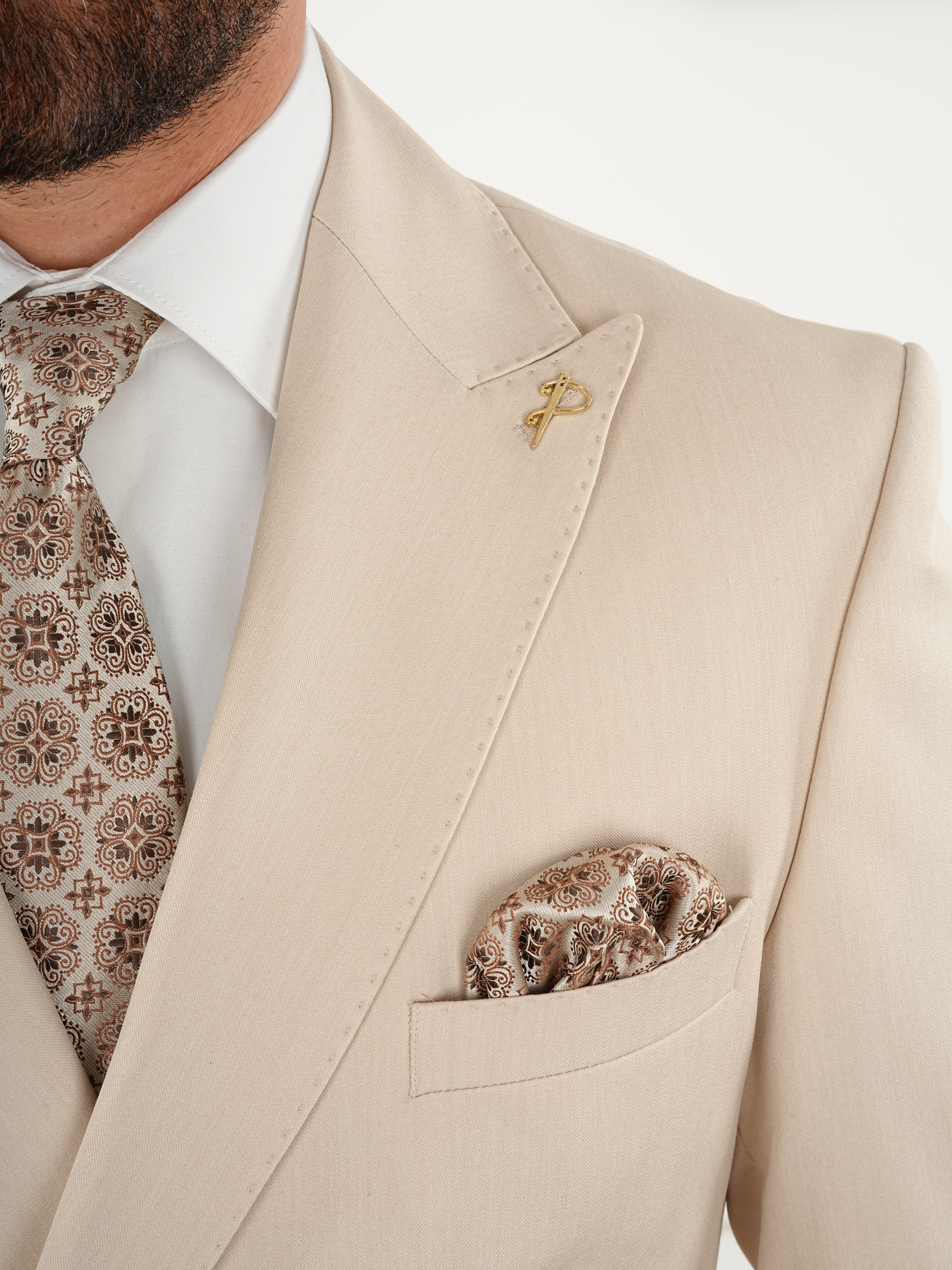 Erkek Slim Fit İtalyan Stil Kruvaze Takım Elbise Ceket Pantolon - Bej