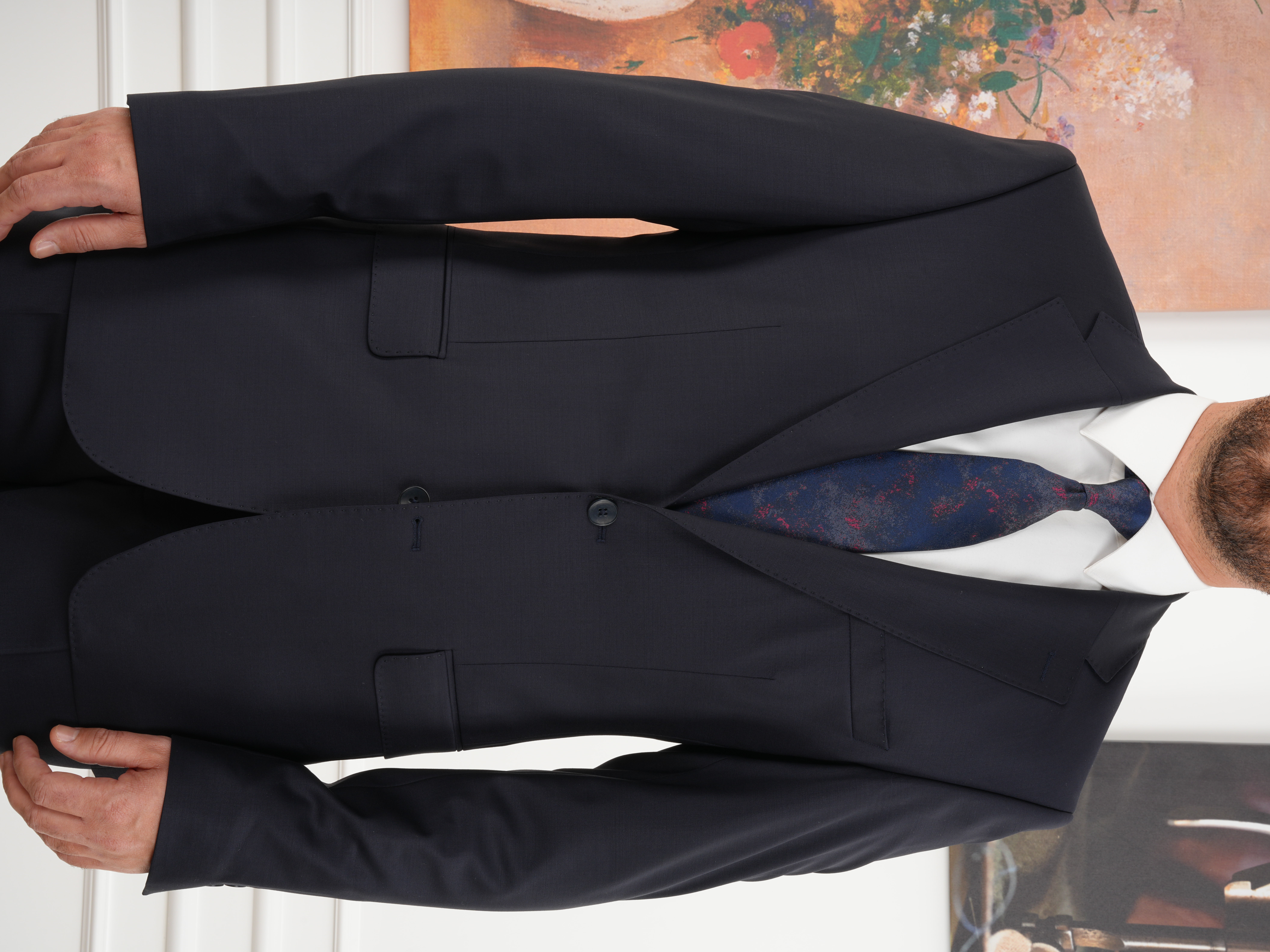 Erkek Regular İtalyan Stil Yünlü Mono Yaka Takım Elbise Ceket Pantolon - Koyu Lacivert