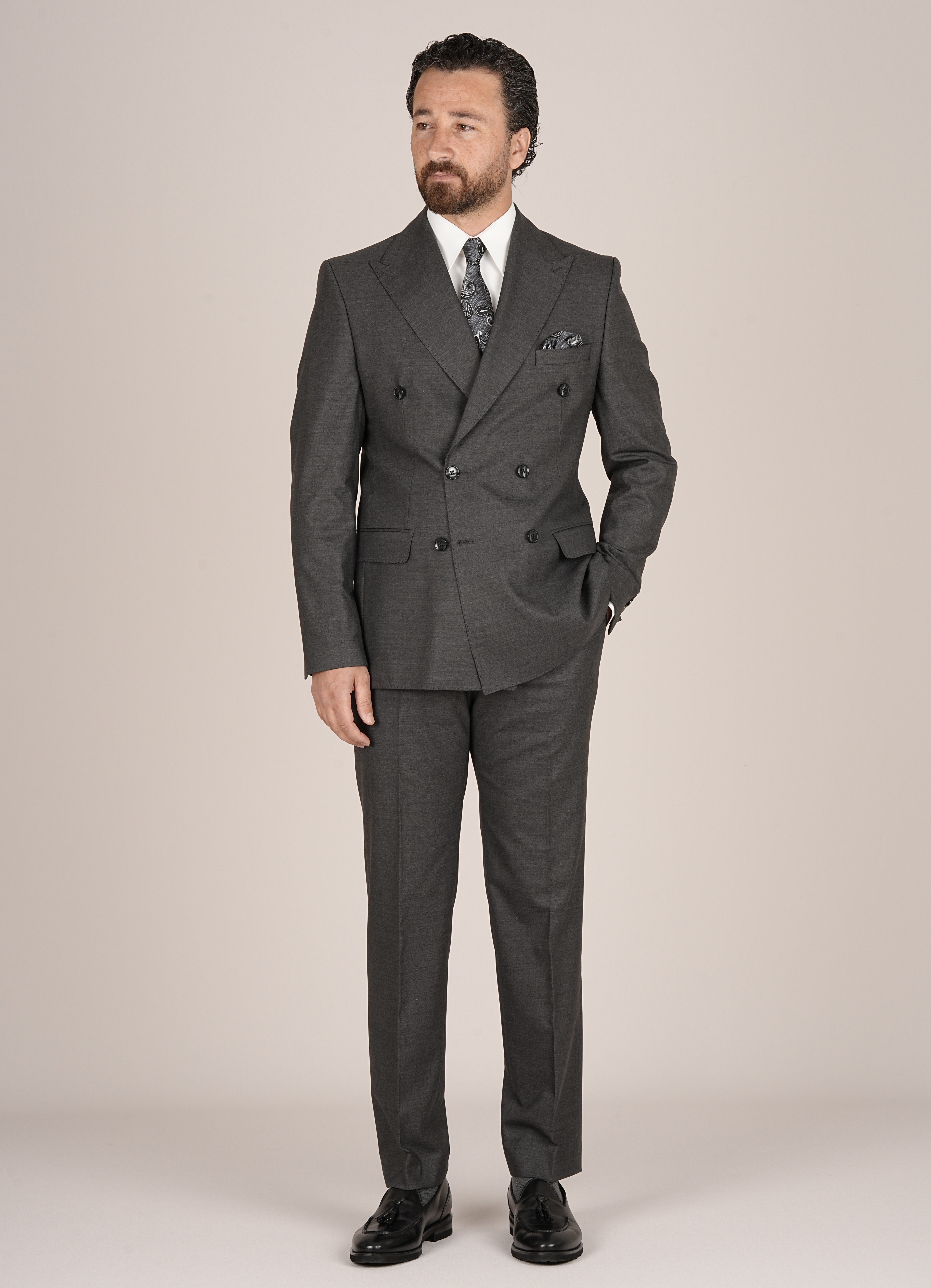 Premium Mens Wool-Blend Double-Breasted italian Slim-Fit Suit Jacket & Trousers - Smoke Grey