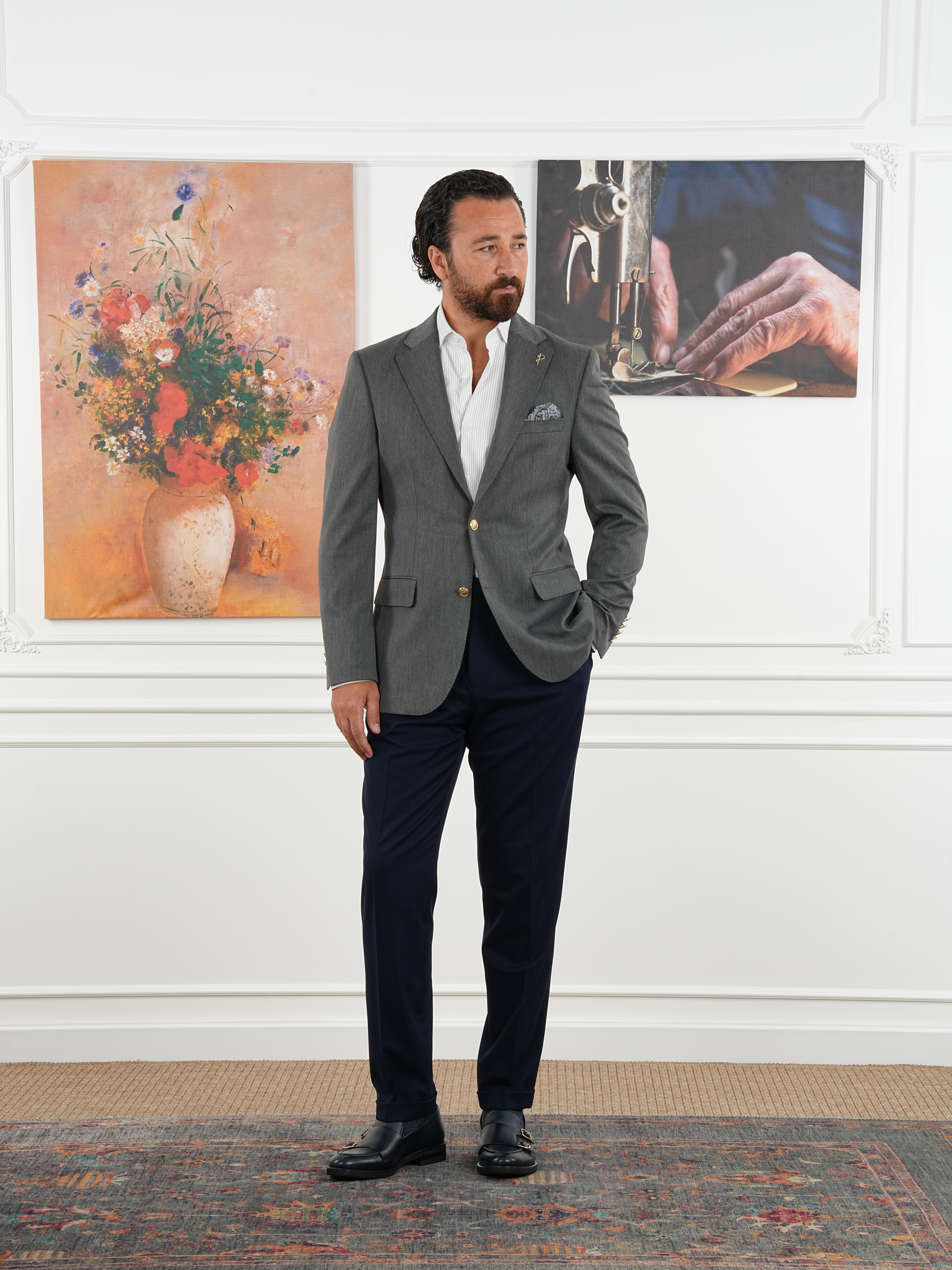 Premium İtalyan Stil Slim Fit Erkek Punto Dikişli Yarım Astarlı Ceket - Füme