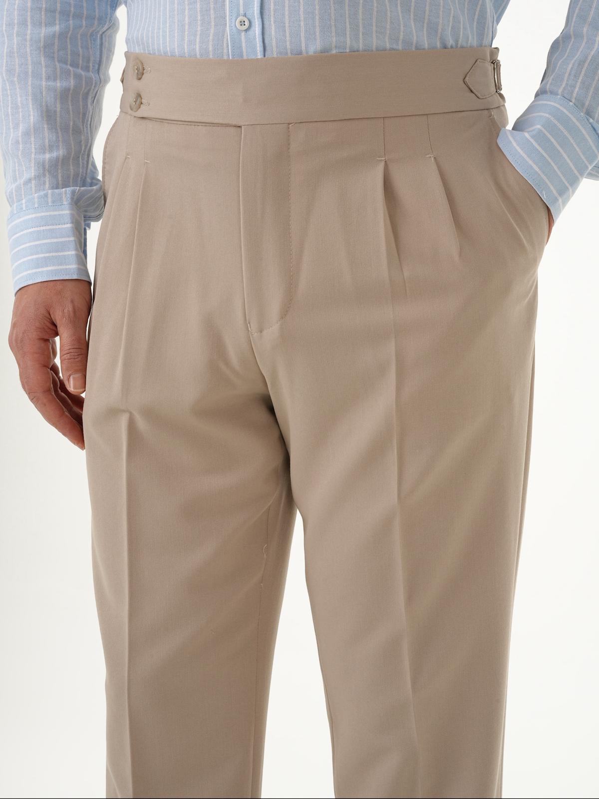 Erkek Regular Fit Yüksek Bel Piliseli Tokalı Kumaş Pantolon - Krem
