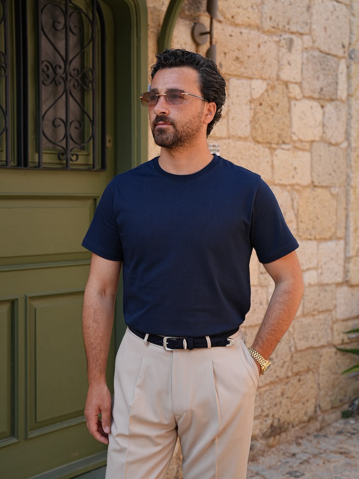 Erkek Beyaz Pamuk Slim Fit Dar Kesim Bisiklet Yaka Basic Tişört - Lacivert