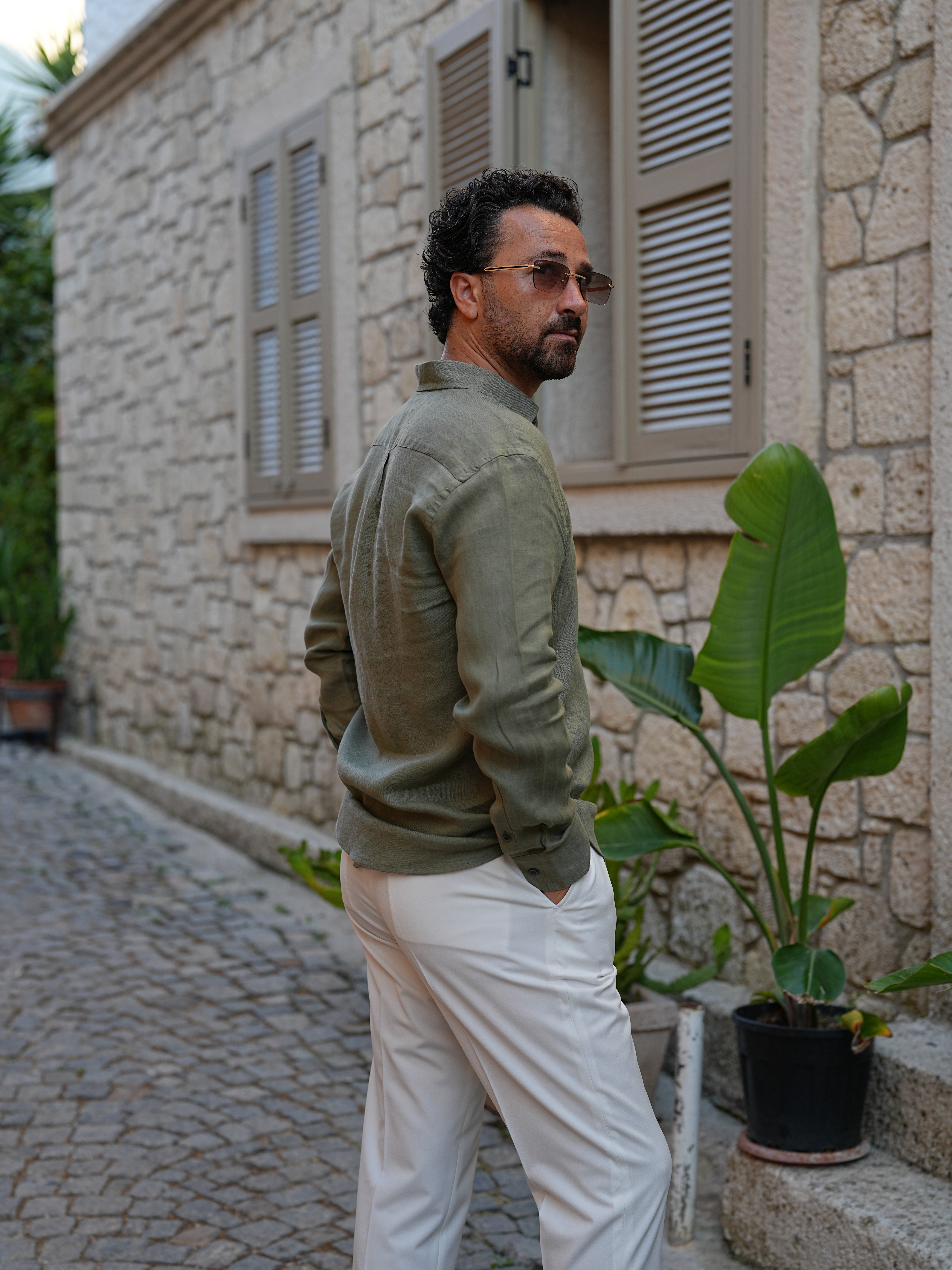 PAREZ Keten Gömlek Modern Fit Yaka Düğmeli - Haki
