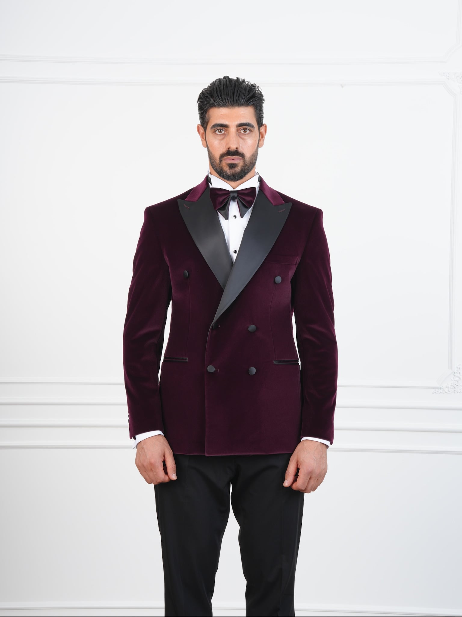 Erkek Premium Kadife Kruvaze Smokin Damatlık İtalyan Stil  Ceket Pantolon Papyon - Mor