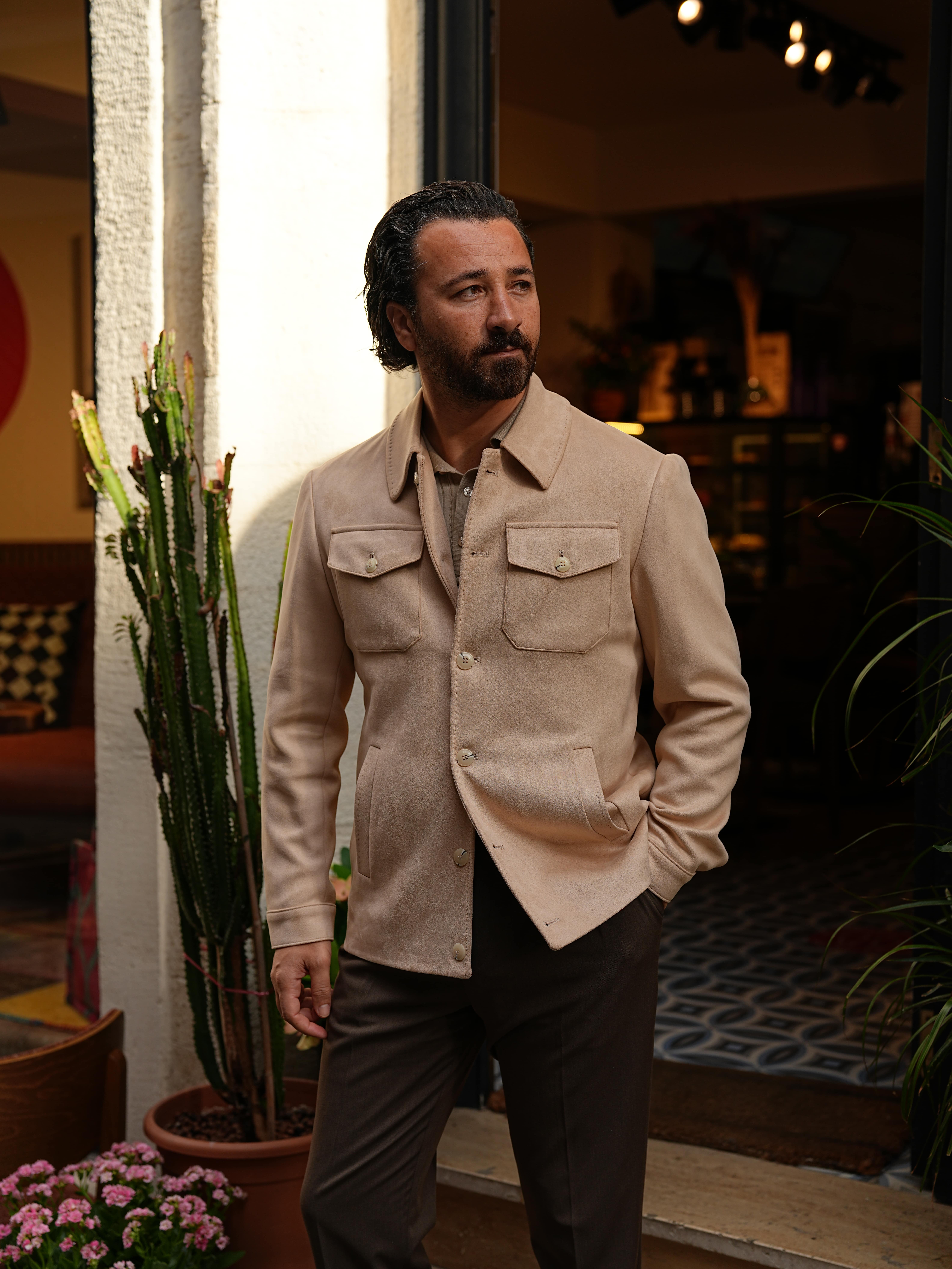 Erkek Slim Fit Cepli Nubuk Ceket - Bej