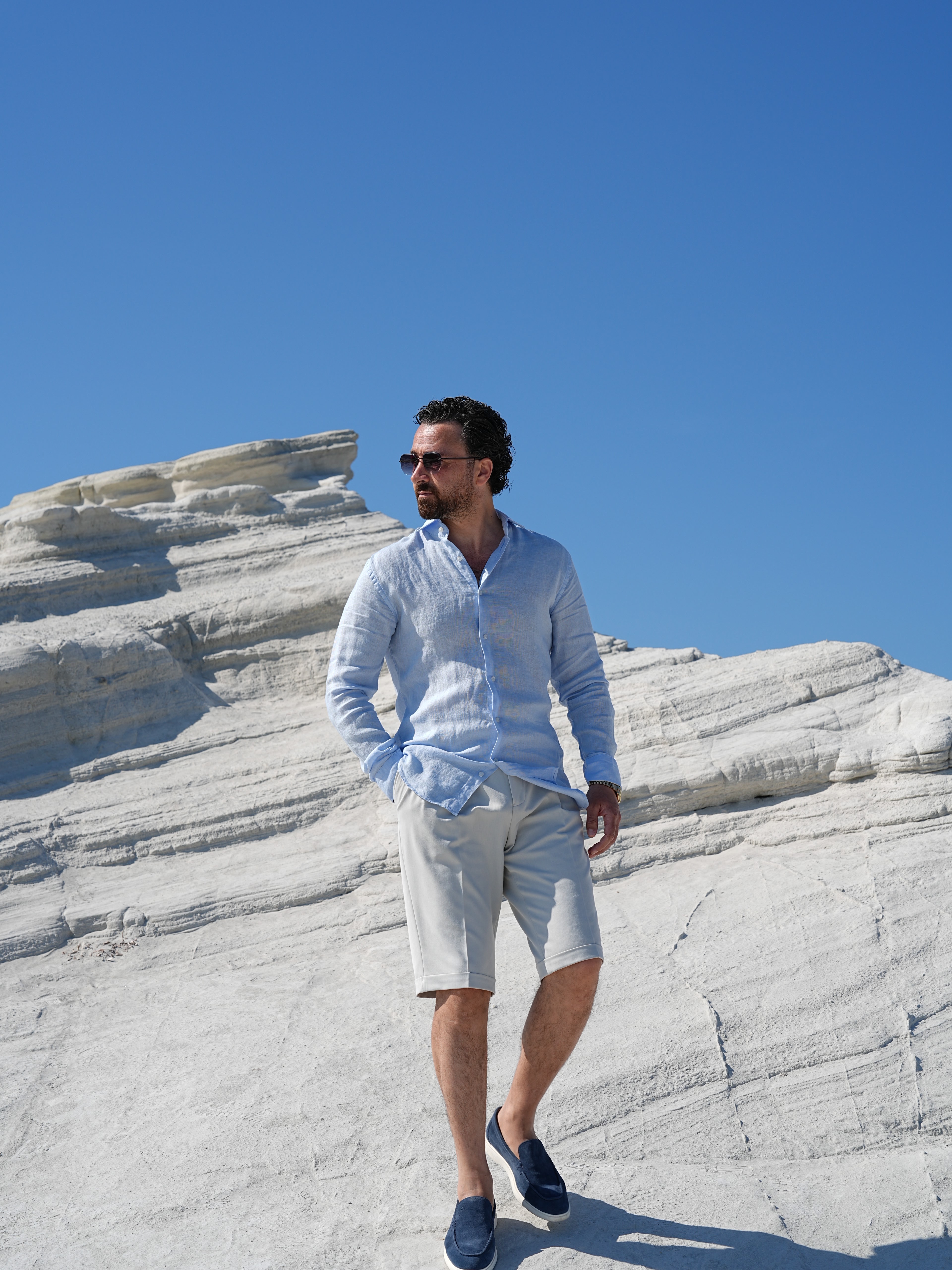 PAREZ Regular Fit Linen Shirt - Ice Blue