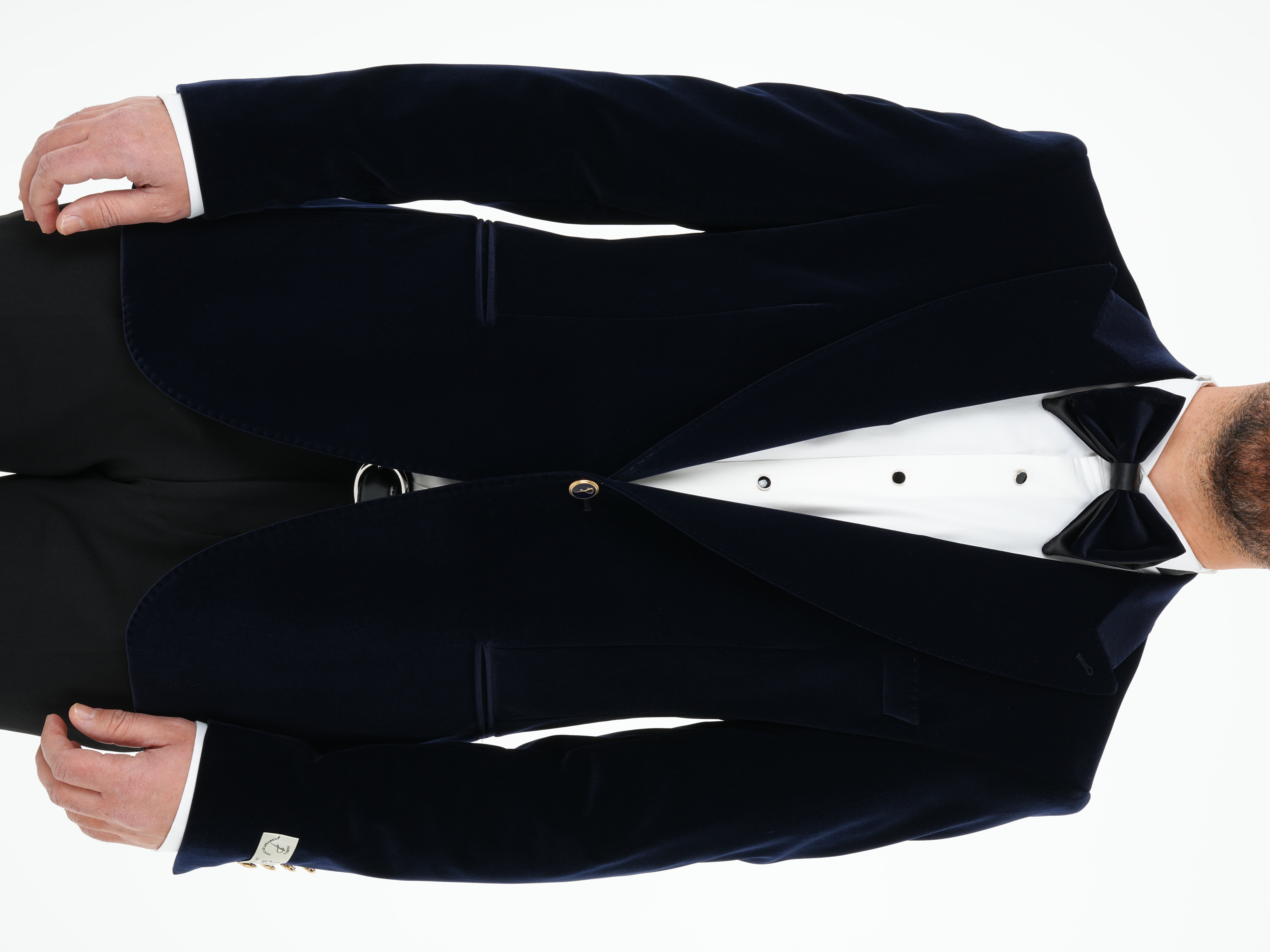 Premium Erkek Kadife Smokin Damatlık Gold Düğme Punto Dikişli Ceket Pantolon Papyon - Lacivert