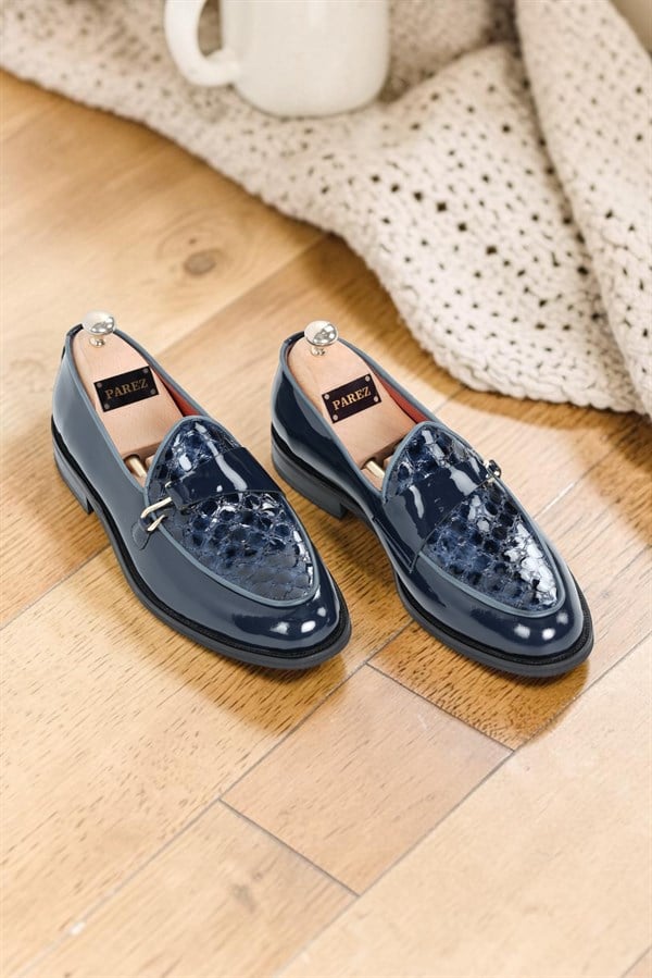 İtalyan Stil İç Dış Rugan Deri Erkek Gold Tokalı Desenli Ayakkabı-Lacivert