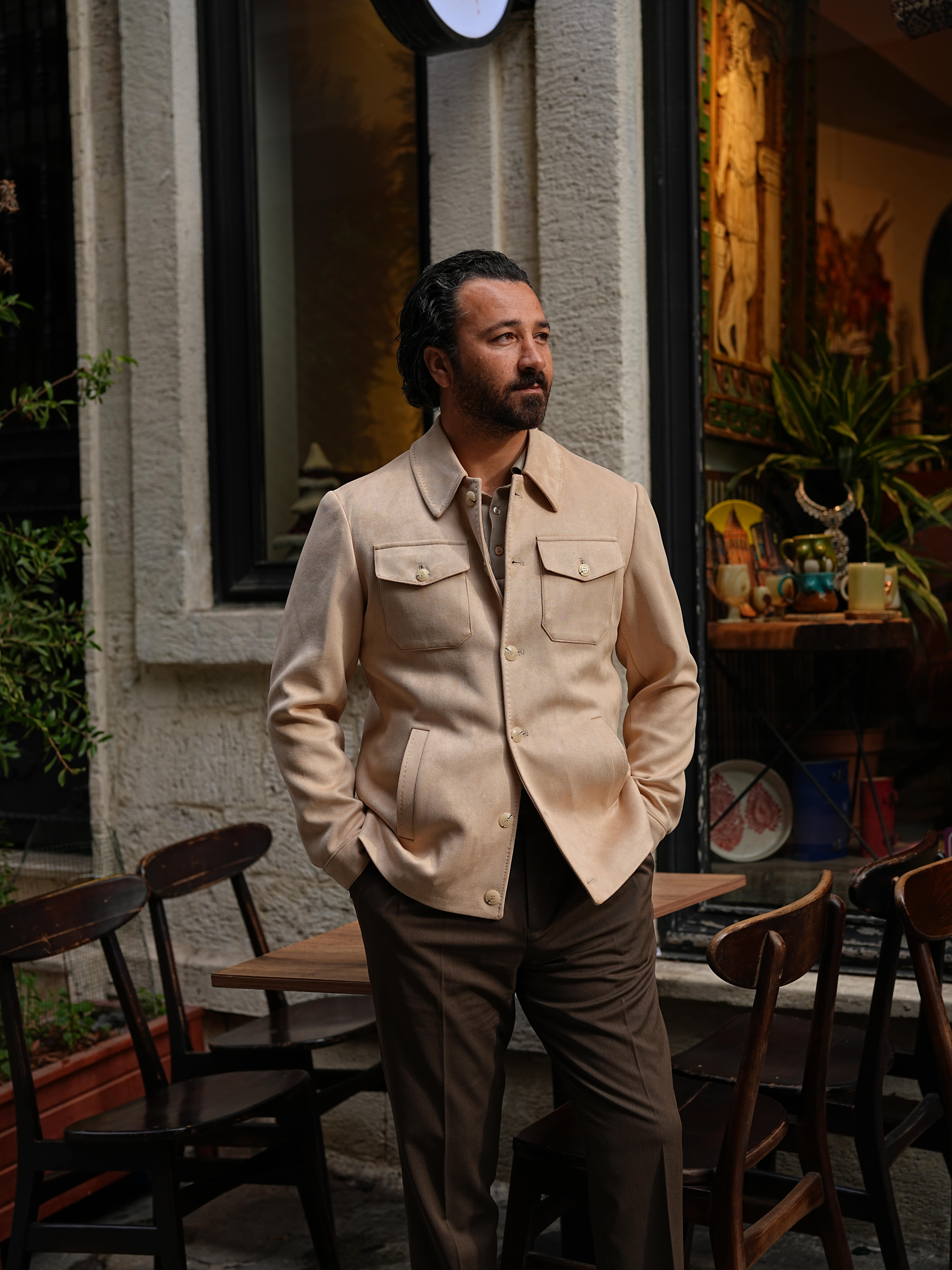 Erkek Slim Fit Cepli Nubuk Ceket - Bej