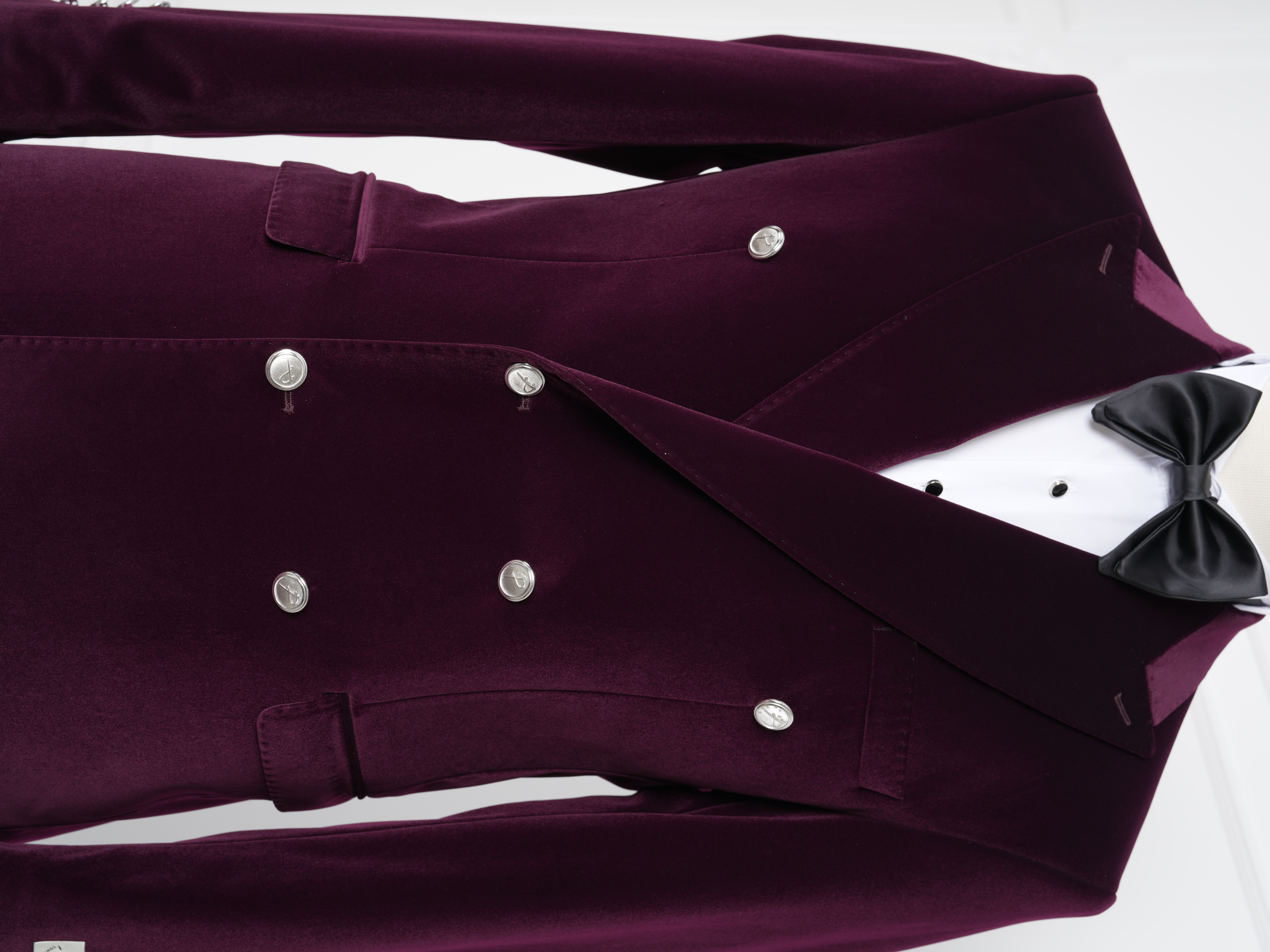 Premium Erkek Kadife Kruvaze Smokin Damatlık Metal Düğme Punto Dikişli Ceket Pantolon Papyon - Mor