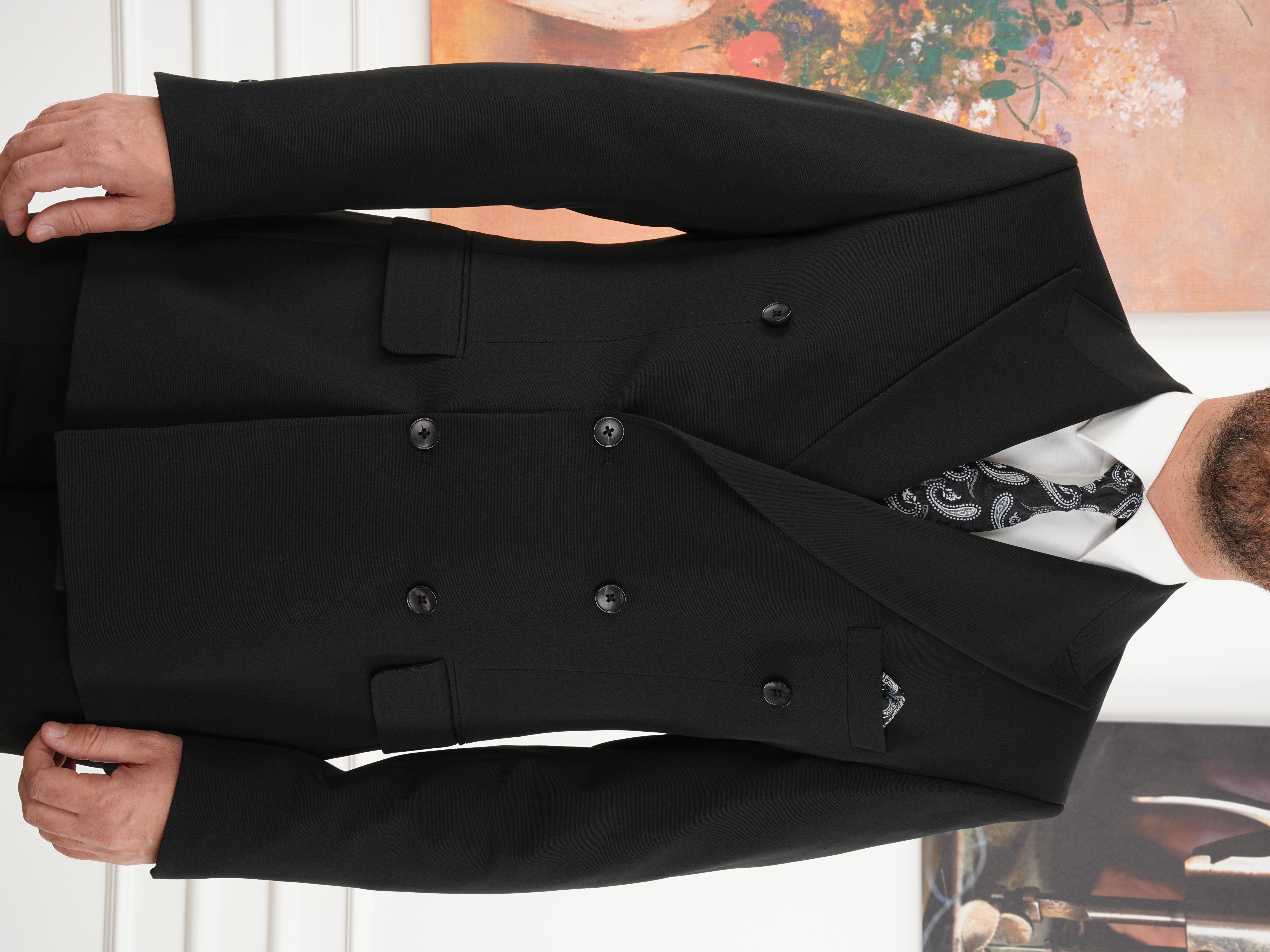 Erkek Slim Fit İtalyan Stil Kruvaze Takım Elbise Ceket Pantolon - Siyah