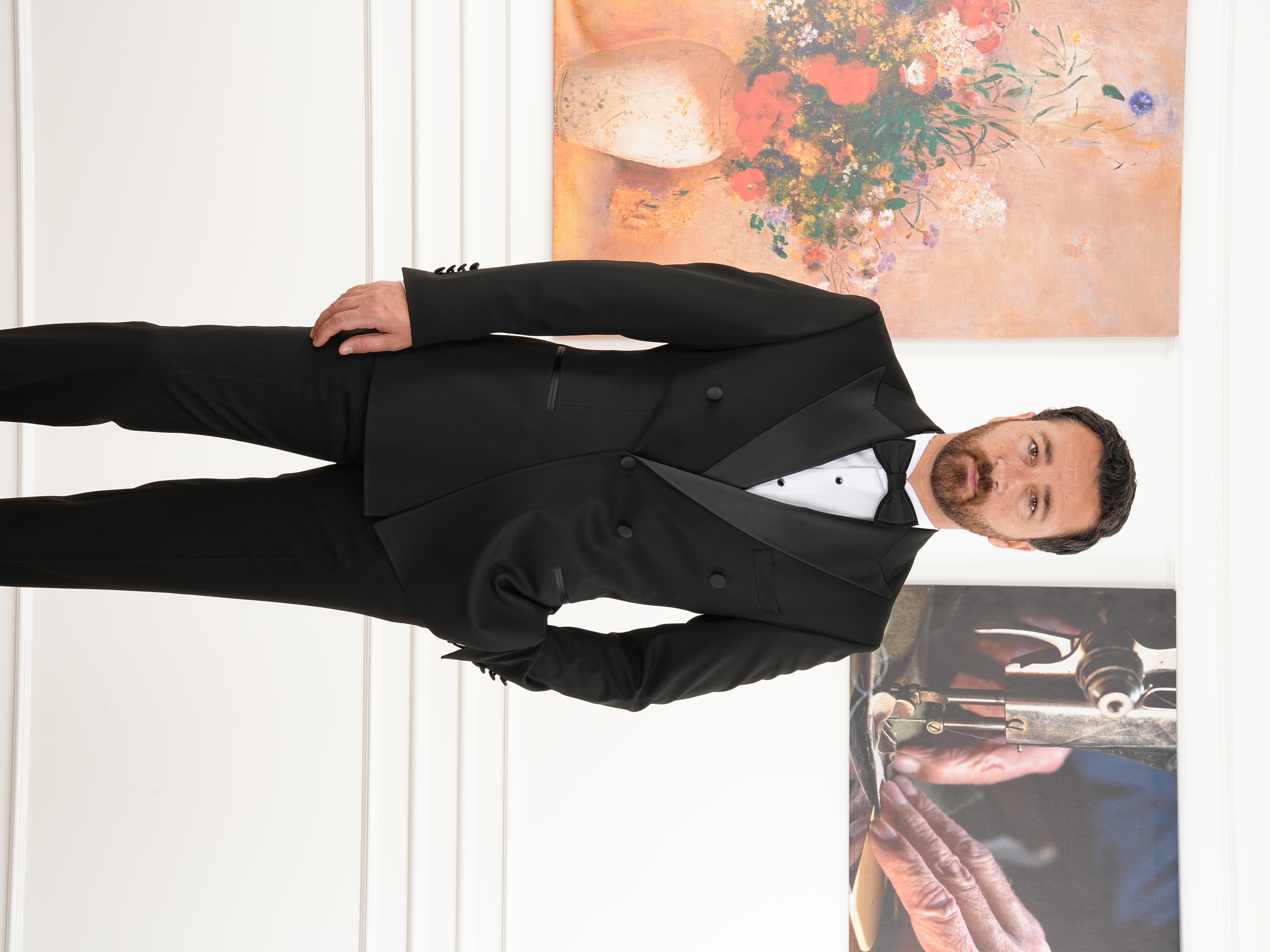 Erkek Kruvaze Smokin Damatlık İtalyan Stil Ceket Pantolon Papyon-Siyah - Siyah