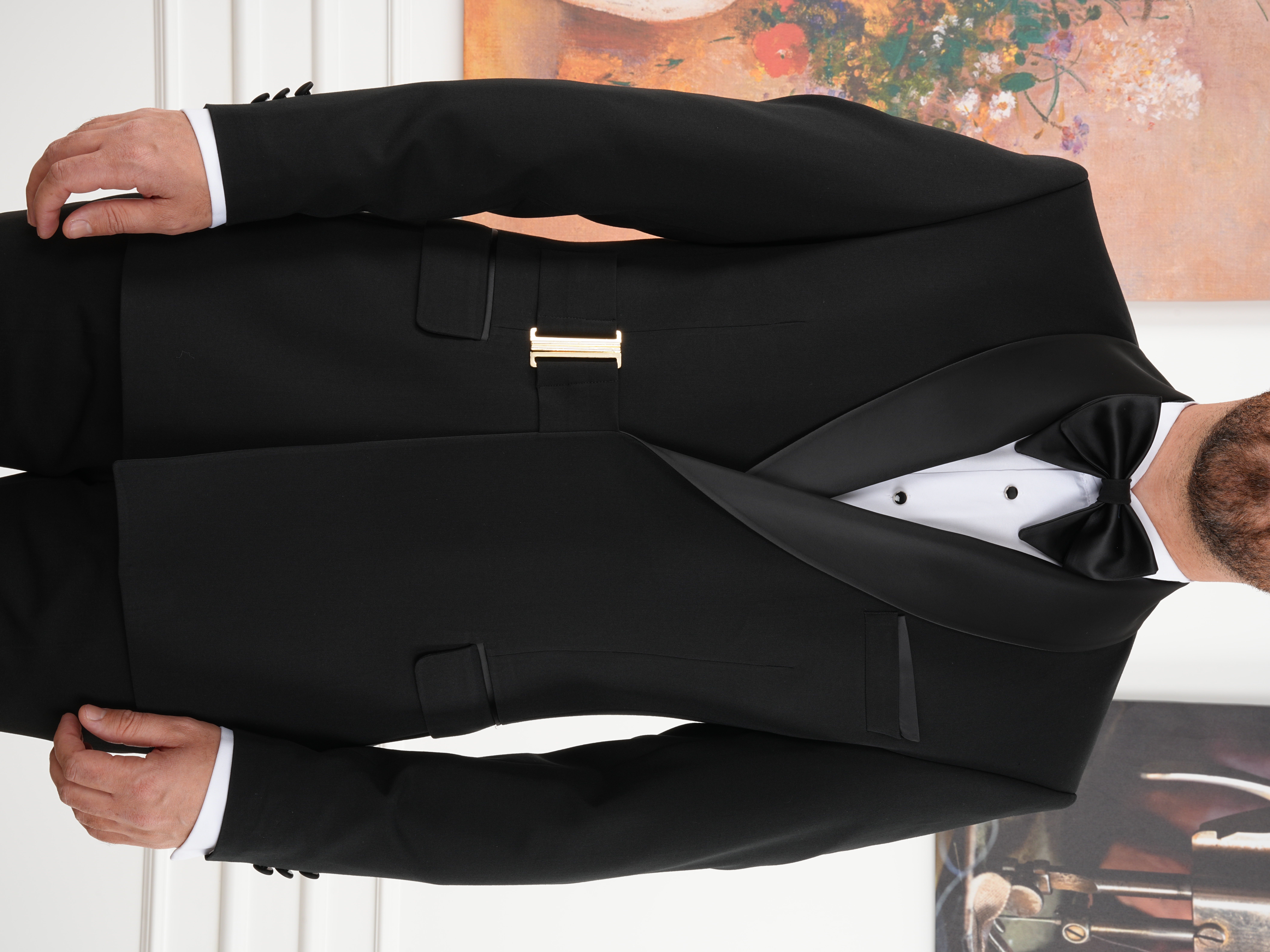 Erkek Kruvaze Tokalı Smokin Damatlık İtalyan Stil Ceket Pantolon Papyon - Siyah